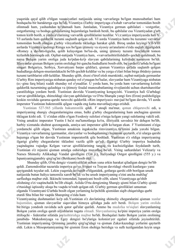 ilgan qizg'in savdo ishlari uzilmadi, balki hatto kuchaydi, bu savdo osiyoda iii asrda kuchli yangi fors podsholigi - sosoniylar podsholigi vujudga kelgandan keyin ayniqsa kuchaydi. sharqiy rim imperiyasida quldorlik tuzumining o'zi harn g'arbiy imperiyadagidek keskin tushkunlikka uchrarnadi. buning sababi avvalo shuki, imperiyaning sharqiy viloyatlarida, ayniqsa qishloq xo'jaligida quldorlik g'arbdagidek katta rol o'ynarnadi. sharqda qullar bilan bir qatorda qui bo'lmagan toifalar, ya'ni shaharlardagi yerin hunarmandlar va qishloqlardagi jamoachi dehqonlar katta o'rin tutar edi. bu jamoachi dehqonlar davlat debqonlari bo'la turib, qaramlik holatiga tushib qolgan bo'lsalar-da(masalan, suriya va misrdagi "podsbo debqonlari" har holda ularning o'z yerlari, shaxsiy xo'jaligi bor edi, shunday qilib, ular qullardan anchagina farq qilar edilar. hiyla ko'p sonli mustaqil debqonlar qisman qadimiy ibtidoiy tuzurnni saqlab qolgan bo'lib, kichik osiyo va bolqon yarim orolida istiqomat qilar edilar. ellinizm madaniyatining o'zi harn yunon xalqining yaqin sharqdagi turli xajqlar bilan ko'p asrlar davomida qilgan aloqasining natijasi bo'lib, vizantiyaning mustabkamligininig ma'lum darajada saqlanib …