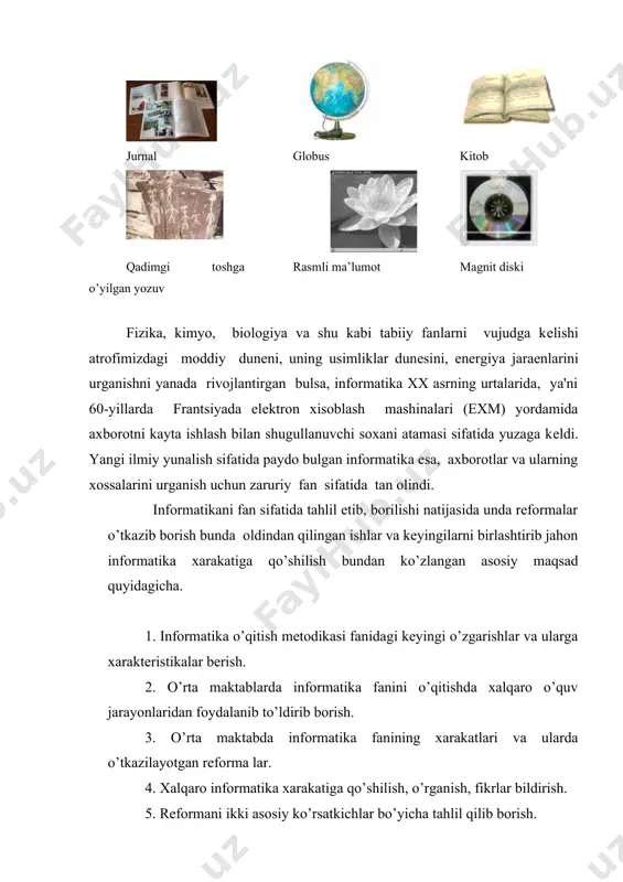 informatika faniga birlik va qo’shimchalar kiritish davri; 3. xix- xx asrlarda informatika fanining o’sishi; 4. xx-xxi asrlarda informatika fanidan to’g’ridan-to’g’ri yuqori fan sifatida foydalanish. informatika o’qitish usullari fani asosan qo’yidagi bosqichlar bilan tahlil etiladi; 1. informatika fani nima uchun o’rganiladi; 2. informatika fanidan nimalarni o’rganish mumkin; informatika fanini asosan qo’yidagi uch qism bilan o’rganish mumkin informatika kеng ma'noda insoniyat faoliyatining barcha soxalarida asosan kompyutеrlar va tеlеkommunikatsiya aloqa vositalari yordamida axborotni qayta ishlashi bilan bog’lik fan bo’lib, tеxnika va ishlab chikarish-ning xilma-xil tarmoqlari birligini o’zida namoyon etadi. informatikani o’zaro aloqador bo’lgan,ya'ni tarmoq,fan va amaliy fan soxalari sifatida qo’yidagi uch qismga ajratish mumkin: informatika fanini o’rta maktablarda, kollej va litseylarda o’tilishida uning tarbiyachilik roli qo’yidagilarda namoyon bo’ladi; 1. o’quvchilarni dunyo bilimlaridan habardor qilish va bolalarning dunyo qarashini o’zgartirish. 2. o’quvchilarning informatika faniga bo’lgan qiziqishini oshirish. 3. informatika fanining tezda rivojlanib borishi va informatika madaniyatini o’rganishga yordam berish. 4. o’quvchilarda informatika fani haqida …