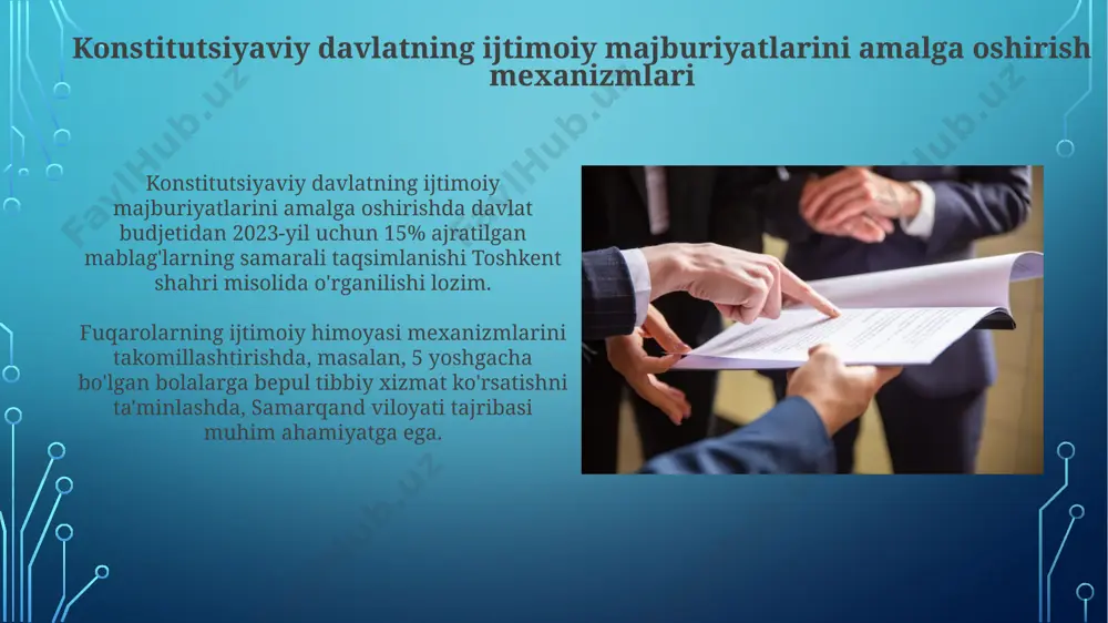 ия таъминоти ва соғлиқни сақлаш тизимига бўлган масъулиятининг муҳимлигини таъкидлайди. konstitutsiyaviy davlatning ijtimoiy majburiyatlarining istiqbollari konstitutsiyaviy davlatning ijtimoiy majburiyatlarini 2030-yilga qadar amalga oshirish bo‘yicha o‘zbekiston respublikasining milliy dasturida 5 ta asosiy yo‘nalish belgilab qo‘yilgan bo‘lib, ularning har biri aniq ko‘rsatkichlar va muddatlar bilan ta’minlangan. konstitutsiyaviy davlatning ijtimoiy majburiyatlarining istiqbollari, raqamli texnologiyalardan foydalanish orqali davlat xizmatlarini yanada samarali va shaffof taqdim etishga, masalan, toshkent shahrida elektron hukumat tizimlarini joriy etish orqali 30% ga tezlashtirilgan. davlatning fuqarolar oldidagi ijtimoiy majburiyatlari konstitutsiyaga ko'ra, o'zbekiston davlati 2019-yil qabul qilingan 19-moddada fuqarolarga sog'liqni saqlash, ta'lim va ijtimoiy ta'minot kabi asosiy huquqlarni ta'minlash majburiyatini o'z zimmasiga olgan. o'zbekiston respublikasining konstitutsiyasi 25-moddasi fuqarolarning mehnat qilish huquqini kafolatlaydi va davlatga kamida 5 million ish o'rnini yaratishga qaratilgan iqtisodiy siyosatni amalga oshirish majburiyatini yuklaydi. sog'liqni saqlash sohasidagi davlatning majburiyatlari o'zbekiston respublikasining "sog'liqni saqlashni rivojlantirishning 2020-2025-yillarga mo'ljallangan milliy strategiyasi" hujjati, 5ta asosiy yo'nalishni aniqlab, sog'liqni saqlash tizimini modernizatsiya qilishga qaratilgan …