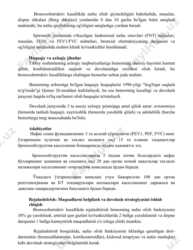 holash shifokorlar arterial qon gazlari tahlilini (abg) o'tkazib, qonning kislorod satrini (pao2) va karbonat angidrid bosimini (paco2) o'lchab, gipoksemiya yoki giperkapniya kabi gaz almashinuvi buzilishlarini aniqlaydi. bronxoobstruktiv kasallikda nafas olish qiyinchiligini baholashda, masalan, dispne shkalasi (borg shkalasi) yordamida 0 dan 10 gacha bo'lgan balni aniqlash muhimdir, bu nafas qisilishining og'irligini aniqlashga yordam beradi. spirometr yordamida o'tkazilgan funktsional nafas sinovlari (fnt) natijalari, masalan, feo1 va fev1/fvc nisbatlari, bronxial obstruktsiyaning darajasini va og'irligini aniqlashda muhim klinik ko'rsatkichlar hisoblanadi. huquqiy va axloqiy jihatlar tibbiy xodimlarning axloqiy majburiyatlariga bemorning shaxsiy hayotini hurmat qilish, konfidentsiallikni saqlash va davolanishga rozilikni olish kiradi, bu bronxoobstruktiv kasalliklarga chalingan bemorlar uchun juda muhim. bemorning axborotga bo'lgan huquqiy huquqlarini 1996-yilgi "sog'liqni saqlash to'g'risida"gi qonun 26-moddasi kafolatlaydi, bu esa bemorning kasalligi va davolash jarayoni haqida to'liq ma'lumot olish huquqini ta'minlaydi. davolash jarayonida 3 ta asosiy axloqiy printsipga amal qilish zarur: avtonomiya (bemorda tanlash huquqi), xayrixohlik (bemorda yaxshilik qilish) va adolatlilik (barcha …