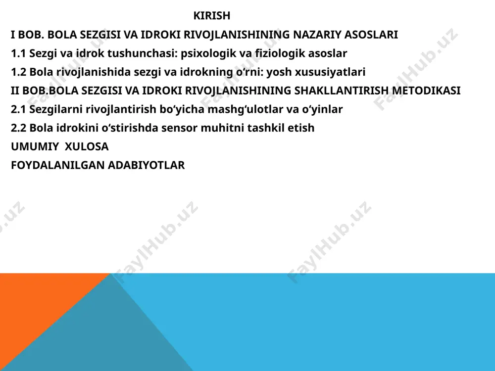 iladi. kurs ishining tuzilishi va hajmi: kurs ishi kirish , ikki bob, tòrtta reja ,paragraf, xulosa, foydalangan adabiyotidan iborat. bola sezgisi asosiy turlari, ya'ni his-tuyg'ulari va idroki, uning rivojlanish jarayonida muhim o'rin tutadi. bu sezgilar va idrokning rivojlanishi bolaning atrof-muhitni tushunishi, ta'sirlarni qabul qilishi va o'zini boshqarishni o'rganishiga yordam beradi. 1. tegishli sezgilar: ko'rish: yangi tug'ilgan chaqaloqlar ko'rish qobiliyatiga ega, lekin ular yaxshi ko'rish uchun o'z vaqtida rivojlanadi. tug'ilgandan keyin bir necha hafta davomida faqat yaqin obyektlarni aniq ko'ra olishadi. eshtirish: bola eshitish qobiliyatini tug'ilgandan so'ng rivojlantiradi. ovozlarni ajratish va tushunish 3-6 oylik davrda boshlanadi. tast (tat): chaqaloqlar tug'ilgandan boshlab o'zlari uchun yangi ta'm va hidlarni aniqlashni boshlaydilar. hid sezgisi (olofaction) va ta'm sezgisi (gustation): bu ikki sezgi tug'ilgandan keyin darhol ishlay boshlaydi va bolalar atrofdagi hidlarni va ta'mlarni tanishadi. 2. idrok va kognitiv rivojlanish: obyektning doimiyligi (object permanence): bu kognitiv qobiliyat bolada 6-8 oylik davrda shakllanadi. bu, masalan, bolalar …
