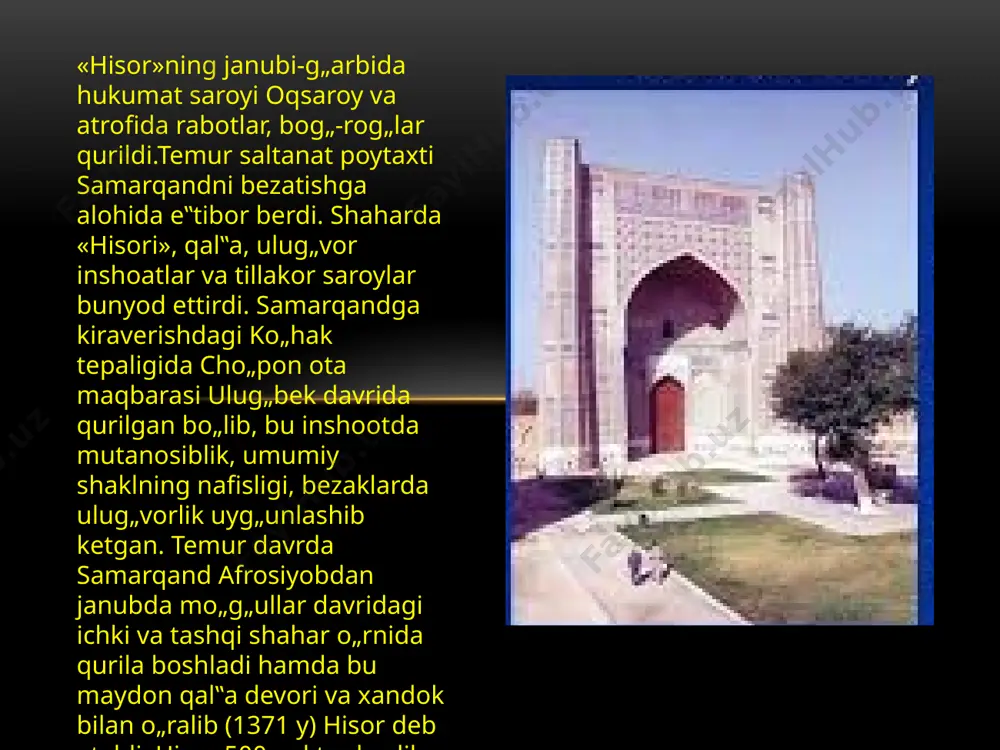 oʻrtburchak, toʻgʻri toʻrtburchak) shaklda boʻlib, har tomoni taxminan 1 km masofaga choʻzilgan. sahnidan oʻtgan ariqlar ularni teng 4 qismga ajratib turgan. atrofidagi baland paxsa devorlarning har burchagida minora boʻlgan. markazda saroy joylashgan. bunday bogʻlarning darvozalari shahar tarafga qaratib qurilgan; 2) tuzilishi geometrik shaklda boʻlmagan, tabiiy daraxtzor va chakalaklar bagʻrida barpo etilgan bogʻlar. bunday bogʻlar hukmdor shikor (ov) qilishi uchun moʻljallangan boʻlib, asosiy qismi tabiiy, qoʻl tekkizilmagan holda saqlangan. ularning kichik bir qismigagina dam olish uchun saroy, koʻshk va chodirlar qurilgan, hovuzlar qazilib, favvoralar oʻrnatilgan. bu turdagi bogʻlarning oʻsimlik va hayvonot dunyosi nihoyatda boy boʻlgan. zafarnoma kitobidagi surat amir temur davrida betakror bog‘lar yaratilgan va ularga o‘ziga xos nomlar qo‘yilgan. bular xususidagi dastlabki ma’lumotlar o‘tmish tarixchilari, shoirlari, sayyohlari asarlarida uchraydi. shuningdek, amir temur bog‘lari o‘rta asrlar rassomlari miniaturalarida ham tasvirlangan. bu bog‘lar tuzilishiga ko‘ra ikki xil bo‘lgan: chorbog‘lar – geometrik (to‘rt burchak) shaklida bo‘lib, har tomoni taxminan 1 km masofaga cho‘zilgan. …