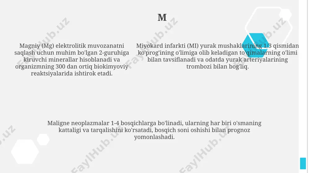 va 1-3 gradusgacha og'irlik darajalariga ega bo'ladi. kalsiy (ca) organizm uchun muhim minerallardan biri bo'lib, suyaklarning mustahkamligi va 200 dan ortiq biokimyoviy jarayonlarda ishtirok etadi, shu jumladan mushaklarning qisqarishi va nerv impulslarining o'tkazilishi. kalsiy (ca) organizm uchun muhim minerallardan biri bo'lib, suyaklarning mustahkamligi va 200 dan ortiq biokimyoviy jarayonlarda ishtirok etadi, shu jumladan mushaklarning qisqarishi va nerv impulslarining o'tkazilishi. d displaziya, to'qimalarning g'ayritabiiy rivojlanishini anglatadi, bu 1 dan 10 gacha bo'lgan darajalarga ega bo'lib, og'irlik darajasini bildiradi va saraton kasalligiga olib kelishi mumkin. diabetik retinopatiya, ko'zning to'r pardasiga ta'sir qiluvchi, qandli diabetning 20% dan ortiq bemorlarida uchraydigan jiddiy asorat hisoblanadi va ko'rish qobiliyatining pasayishiga yoki hatto ko'rlikka olib kelishi mumkin. dermatologiya terining kasalliklari bilan shug'ullanadigan tibbiyotning bir bo'limi bo'lib, 3500 dan ortiq turli xil teri kasalliklarini aniqlash va davolash bilan bog'liq. e'tiboringiz uchun rahmat @taqdimot_robot