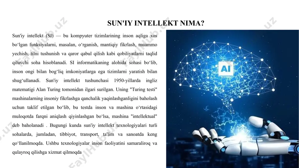 va strategik fikrlashda ham insondan ustun bo‘lishi mumkin. bu turdagi sun'iy intellekt nazariy jihatdan ko‘rilmoqda va u bilan bog‘liq xavfsizlik va axloqiy muammolar olimlar e’tiborida. sun'iy intellekt turlari (funksiyasiga ko‘ra) sun'iy intellekt funksiyasiga ko‘ra to‘rt turga bo‘linadi. birinchi tur — reaktiv mashinalar bo‘lib, ular faqat hozirgi vaziyatga asoslanib javob qaytaradi va hech qanday xotiraga ega emas. masalan, shaxmat dasturlari raqibning hozirgi harakatlariga asoslanib qaror qabul qiladi, lekin avvalgi o‘yinlarni eslab qolmaydi. ikkinchi tur — cheklangan xotiraga ega tizimlar. bu turdagi sun'iy intellekt o‘tmishdagi ma’lumotlarni qisqa muddatli eslab qoladi va qaror qabul qilishda ulardan foydalanadi. masalan, o‘z-o‘zini boshqaradigan avtomobillar yo‘ldagi harakat, piyodalar yoki tezlikni kuzatib, bu ma’lumotlarni vaqtincha saqlaydi. uchinchi tur — aql nazariyasiga asoslangan tizimlar. bu sun'iy intellekt insonlarning hissiyotlari, fikrlarini tushunishga va ularga mos ravishda harakat qilishga qodir bo‘lishi kerak. bu turdagi si hali to‘liq rivojlanmagan, ammo bu yo‘nalishda ilmiy tadqiqotlar davom etmoqda. to‘rtinchi tur — o‘z-o‘zini anglashga asoslangan …