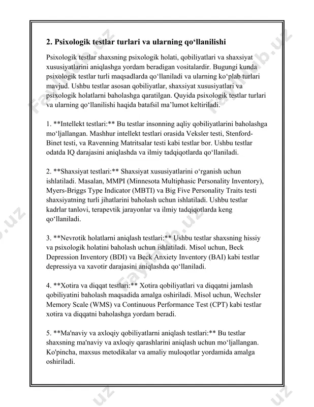 ndashuvlardan biridir. bu usullar insonlarning individual xususiyatlarini o'rganish va ular haqida chuqurroq tushuncha hosil qilish imkonini beradi. birinchidan, shaxs xususiyatlarini aniqlash uchun qo'llaniladigan test usullari ichida eng mashhurlari psixologik so'rovnomalar (mmpi - minnesota multiphasic personality inventory) hamda "besh katta yetakchi" (big five) modellari kabilardir. minnesota ko'p fazali shaxs inventariyasi (mmpi) 1943 yilda starke r. hathaway va j. c. mckinley tomonidan ishlab chiqilgan bo'lib, 567 savoldan iborat bo'lgan bu test turli xil psixologik buzilishlarni aniqlashda keng qo'llaniladi. hozirgi kunda ushbu testdan aqshda turli sohalarda, jumladan sud-psixologiyasida keng foydalaniladi. ikkinchidan, besh katta yetakchi modeli insonning beshta asosiy shaxsiy xususiyatini o'lchash uchun foydalangan nazariyadagi test hisoblanadi. bu beshta xususiyat quyidagilarni o'z ichiga oladi: ekstravertlik, kelishuvchanlik, vijdonlilik, emotsional barqarorlik hamda ochiqlik. ushbu sifatlarni o'lchash orqali insonning psixologik profilini tuzish mumkin. statistik jihatdan olib qaraganda, besh katta yetakchi modeli bo'yicha o'tkazilgan tadqiqotlar shuni ko'rsatadiki, insonlar orasida ekstrovertlik darajasi taxminan 50% atrofida ortiqcha bo'lishi mumkin, kelishuvchanlik …