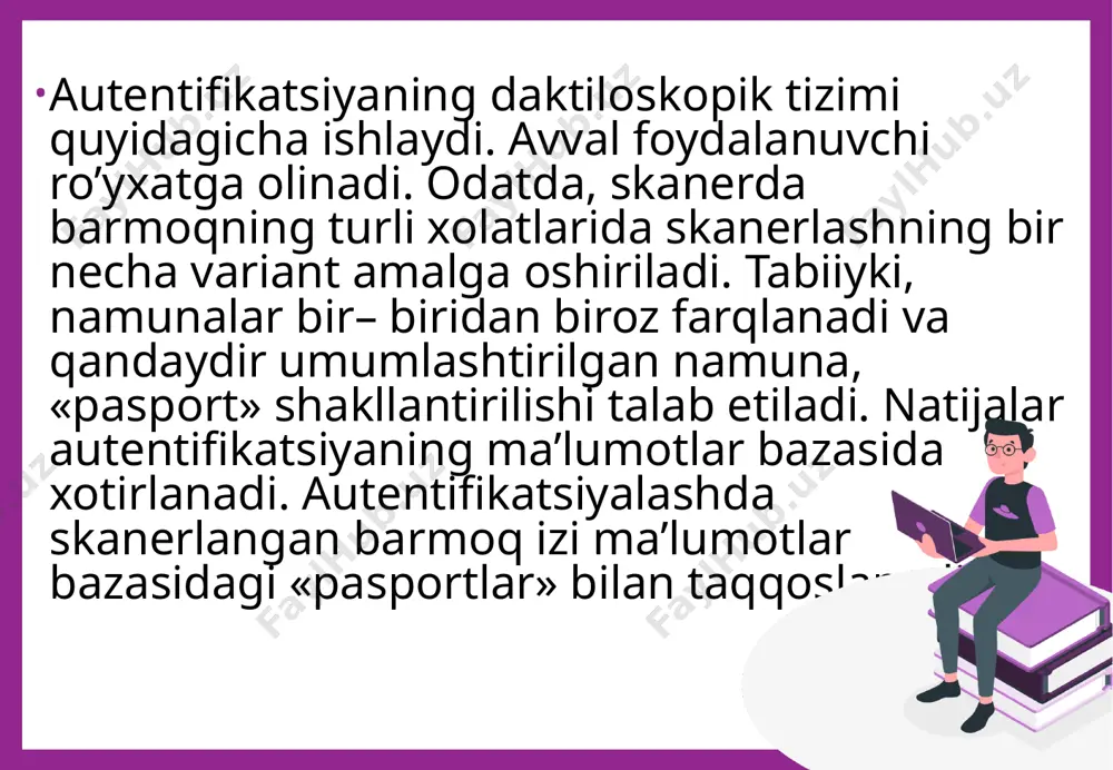 autentifikatsiyalovchi tizimlar. bu tizimlar arzonligi tufayli eng foydalanuvchan hisoblanadilar, chunki aksariyat zamonaviy kompyuterlar video va audeo vositalariga ega. bu biometrik tizimlari telekommunikatsiya tarmoqlarida masofadagi foydalanuvchi subyektni identifikatsiyalash uchun ishlatiladi. yuz tuzilishini skanerlash texnologiyasi boshqa biometrik texnologiyalar yaroqsiz bo’lgan ilovalar uchun to’g’ri keladi. bu holda shaxsni identifikatsiyalash va verifikatsiyalash uchun ko’z, burun va lab xususiyatlari ishlatiladi. yuz tuzilishini aniqlovchi qurilmalarni ishlab chiqaruvchilar foydalanuvchini identifikatsiyalashda xususiy matematik algoritmlardan foydalanadilar. ovoz bo’yicha autentifikatsiyalash tizimlari. bu tizimlar arzonligi tufayli foydalanuvchan hisoblanadi. xususan ularni ko’pgina shaxsiy kompyuterlar standart komplektidagi uskuna bilan birga o’rnatish mumkin. ovoz bo’yicha autentifikatsiyalash tizimlari har bir odamga noyob bo’lgan balandligi, modulyatsiyasi va tovush chastotasi kabi ovoz xususiyatlariga asoslanadi. ovozni aniqlash nutqni aniqlashdan farqlanadi. chunki nutqni aniqlovchi texnologiya abonent so’zini izoxlasa, ovozni aniqlash texnologiyasi so’zlovchining shaxsini tasdiqlaydi. so’zlovchi shaxsini tasdiqlash ba’zi chegaralanishlarga ega. turli odamlar o’xshash ovozlar bilan gapirishi mumkin, har qanday odamning ovozi vaqt mobaynida kayfiyati, hissiyotlik holati va yoshiga bog’liq …