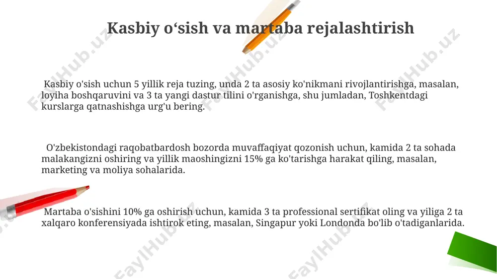 iyada 3 oy ichida xatoliklar sonini 40% ga kamaytirish mumkin. muammolarni hal qilishda 5 ta "nima uchun" savolini berish, masalan, "nima uchun bu muammo yuzaga keldi?", "nima uchun bu muhim?", samarqanddagi korxonada samaradorlikni 20% ga oshirishga yordam beradi. jamoada ishlash va muloqot koʻnikmalari jamoaviy loyihalarda 5 kishilik guruhda ishlash samaradorligini 30% ga oshirish uchun, toshkentdagi trening markazlarida muloqot ko'nikmalarini rivojlantirish bo'yicha mashg'ulotlar o'tkazish tavsiya etiladi. muvaffaqiyatli jamoa 2-3 ta asosiy qoidalarga rioya qiladi: aniq vazifa taqsimoti va muntazam 1-2 haftada bir marta bo'ladigan hisobotlar. bu andijonda joylashgan kompaniyalar tajribasida isbotlangan. samarqanddagi tadqiqotlar shuni ko'rsatdiki, faol tinglash va konstruktiv muloqot orqali 70% gacha konfliktli vaziyatlarni oldini olish mumkin. bu jamoaviy ishlarning samaradorligini sezilarli darajada oshiradi. e'tiboringiz uchun rahmat @taqdimot_robot image2.png image1.png