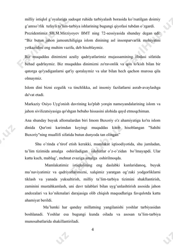 a olib chiqish maqsadlariga favqulotda katta ahamiyat berildi. ma’lumki har qanday millatning yangilanishi yoshlar tarbiyasidan boshlanadi. yoshlar esa bugungi kunda oilada va asosan ta’lim-tarbiya munosabatlarida shakillantiriladi. ta’lim vositalari o’quvchilarning ruhiy, jismoniy, genetik va mintaqaviy o’ziga xosliklarini to’liq hisobga olgandagina yuqori samaradorlikka erishish mumkin. kurs ishning obyekti: mutafakkirlar allomalarimiz merosining farzand kamolotida tutgan o‘rni o’tish metodikasi kurs ishning predmeti: mutafakkirlar allomalarimiz merosining farzand kamolotida tutgan o‘rni uslubiy asoslari. kurs ishining maqsadi: mutafakkirlar allomalarimiz merosining farzand kamolotida tutgan o‘rni tatbiq etish. kurs ishining vazifalari: 1. allomalarimiz asarlarida farzand tarbiyasi. 2. sharq uyg’onish davridagi allomalarimiz asarlarida tarbiya masalalar. 3. dars va darsdan tashqari mashg’ulotlarda allomalar asarlaridan foydalanish yo’llari kurs ishining amaliy ahamiyati: tadqiqot natijasida umumiy o‘rta ta‘lim boshlang‘ich sinflarida ona tili o’qitish metodikasini o‘rgatish bo‘yicha ta‘limiy topshiriqlar, dars ishlanmalar, dars modellari, ilmiy-metodik tavsiyalar bilan boyitildi. kurs ishining tuzilishi: kirish, asosiy qism, 4 band, xulosa va foydalanilgan adabiyotlar ro’yxatidan iborat.. 1. allomalarimiz asarlarida farzand …