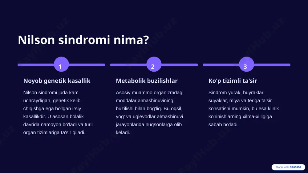 va fizik tekshiruv asosida dastlabki shubha tug'iladi. 02 laboratoriya testlari qon va siydik tahlillari, ferment faolligini o'rganish kabi diagnostik usullar. 03 genetik testlar kasallikka sabab bo'luvchi gen mutatsiyasini aniqlash uchun genetik tahlil. 04 instrumental tekshiruvlar ekg, exo, mrt, kt kabi usullar organlardagi o'zgarishlarni aniqlash uchun. 5 davolash strategiyalari nilson sindromini davolash kompleks yondashuvni talab qiladi va simptomatik xususiyatga ega. medikamentoz davo dorilar yordamida simptomlarni engillashtirish va asoratlarning oldini olish. masalan, yurakni qo'llab-quvvatlovchi dorilar, og'riq qoldiruvchilar. fizioterapiya jismoniy mashqlar va reabilitatsiya suyak va mushak tizimini mustahkamlashga yordam beradi. diyetoterapiya maxsus parhez moddalar almashinuvini normallashtirish va organlarga yuklamani kamaytirishga qaratilgan. jarrohlik aralashuvlar ayrim hollarda, masalan, og'ir suyak deformatsiyalari yoki yurakdagi nuqsonlarni tuzatish uchun jarrohlik kerak bo'lishi mumkin. 6 xulosa va savol-javoblar nilson sindromi murakkab, ammo uni boshqarish mumkin bo'lgan kasallikdir. erta tashxis, kompleks davolash va har tomonlama parvarish bemorlarning hayot sifatini sezilarli darajada yaxshilashi mumkin. asosiy xulosalar: bu noyob genetik kasallikdir. ko'p …