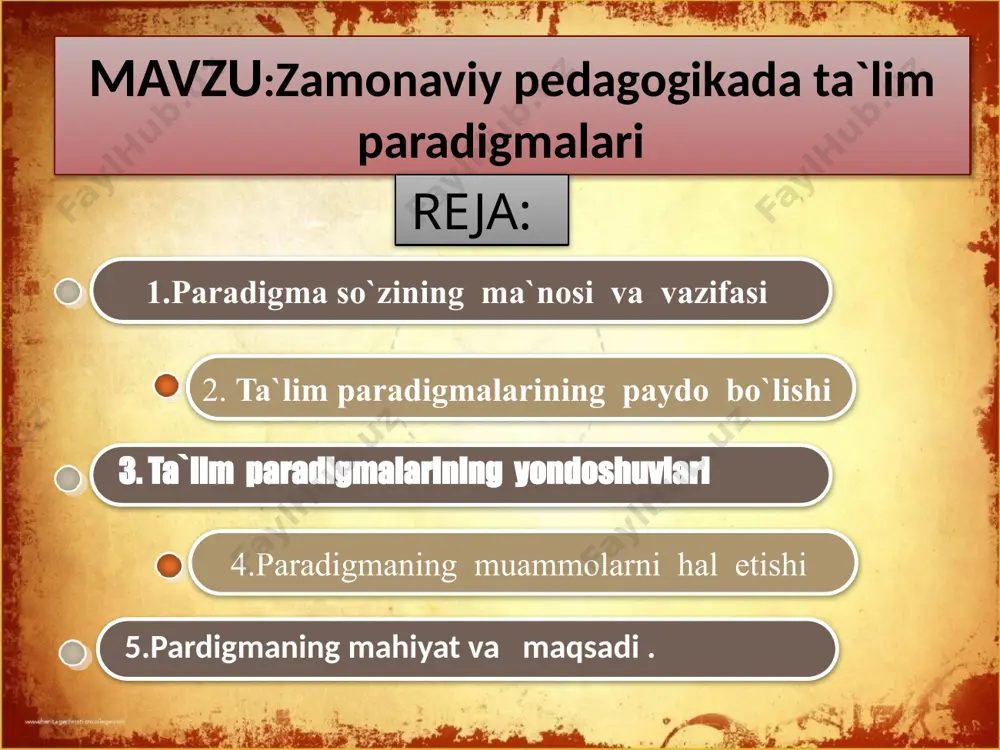 atsionalistik (bixevioristik xulq atvorga doir )paradigma 3.fenomenologik (gumanistik )paradigma 4.texnokratik paradigma 5.ezoterik paradigigma ayni vaqtda ta`lim paradigmalarini belgilashda 3- xil yondoshuv mavjud . 1.qadiryatli(aksiologik)yondoshuv –madaniyat va inson hayotining mazmuni sifatida tushuniladi . 2.faoliyatga yondoshuv asosan madaniyat va moddiy va madaniy boyliklarini yaratishga yo`lantirilgan faoliyatninig sinalgan usullari sifatida talqin etiladi . 3.shahsiy yondoshuv –madaniyat muayyan shaxs timsolida namoyon bo`ladi . har bir paradiagma muayyan ta`limiy muommolarni hal etishga yo`naltiriladi .xususan - ijtimoiy institut sifati va o`quv masalalarining vazifalari - ta`limning samarali tizimi: -o`quv yurtlar oldida turgan eng muhim masala : -ta`limning ijtimoiy ahamiyatli maqsadi : -muayyan bilim ,ko`nikma va malakalarning qimmatli hisoblanish va shu kabilar har bir paradigma o`ziga hos mohiyat va maqsadga ega .misol uchun ananaviy paradigma ta`limning bosh maqsadi : ”bilim qanchalik qiyin bo`lmasin ,bilim olish “ .ananaviy paradigma maktabning bosh maqsadi yosh avlodga individual rivojlanishi hamda ijtimoiy tartibini saqlab qolishga yordam beruvchi ,madaniy meroslarning muhim elementlari –bilim,ko`nikma va …
