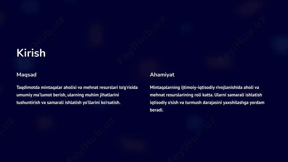 ivojlantirish mintaqalarning rivojlanishini ta'minlashga yordam beradi. mehnat resurslarining shakllanishi va undan foydalanish 1 ta'lim ta'lim tizimi mehnat resurslarining sifatini oshirishda muhim rol o'ynaydi. 2 malaka oshirish ishchi kuchining malakasini oshirish va ularni zamonaviy texnologiyalarga moslashtirish muhimdir. 3 bandlik ish bilan bandlik darajasini oshirish va mehnat resurslaridan samarali foydalanish muhimdir. mehnat resurslarining tarkibi va holati qishloq xo'jaligi mehnat resurslarining katta qismi qishloq xo'jaligida band. sanoat sanoat sohasida ham katta miqdordagi mehnat resurslari ishlaydi. xizmatlar sohasi xizmatlar sohasi so'nggi yillarda rivojlanmoqda va mehnat resurslariga talab o'sib bormoqda. xizmatlar sohasidagi mehnat resurslari va ularni rivojlantirish talablari so'nggi yillarda oshib borayotganiga qaramay, ularni ishlab chiqarish sifati va xizmat yetkazib berishda ahamiyat kor saqlaydi. mehnat resurslaridan samarali foydalanish masalalari qishloq xo'jaligi qishloq xo'jaligida mehnat resurslarini samarali ishlatish uchun zamonaviy texnologiyalarni joriy etish va mehnat unumdorligini oshirish muhimdir. sanoat sanoatda ishchi kuchining malakasini oshirish va zamonaviy uskunalar bilan ta'minlash mehnat unumdorligini oshirishga yordam beradi. xizmatlar sohasi …