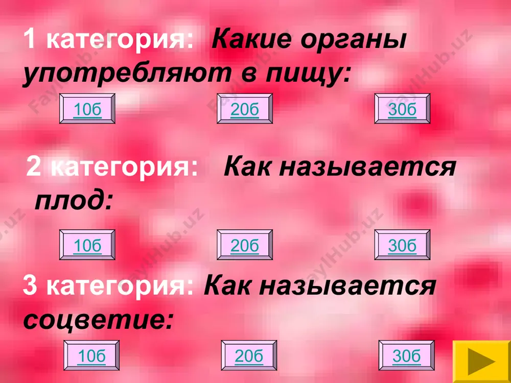 де. прославилось оно тем, что в пустыне поило своим соком всех жаждущих. в россию это растение было привезено как заморское лакомство. сырыми плоды этого растения не ели, а долго вымачивали дольки и варили с перцем и острыми пряностями. лишь в 19 веке оно окончательно прижилось в нижнем поволжье и на украине. русское название в переводе с иранского означает «огромный огурец». как оно называется? 30б 3 категория пряные ароматы. это растение было посвящено богу науки и искусства аполлону. им награждали художников, артистов и ученых в знак признания их творческих успехов. это были лучшие из лучших: победители в спортивных состязаниях, герои, отличившиеся в сражениях, и любимые поэты. оно было символом победы и защиты. именно отсюда происходит слово «лауреат». сегодня это растение имеет у себя на кухне каждая хозяйка. что это? лавр благородный 10б 3 категория пряные ароматы. королева франции мария медичи это растение употребляла при своих нередких депрессиях и при упадке сил. …