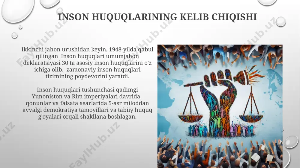 osabatlarini tartibga soluvchi qoidalar orqali. din va axloq din va axloq qoidalarida ifodalangan 10 ta asosiy huquq, masalan, hayot huquqi, erkinlik va shaxsiy mulk huquqi kabi universal tamoyillar mavjud. din va axloq inson huquqlarining muhim manbalaridan biri bo'lib, 2000 yildan ortiq vaqtdan beri insoniyatga axloqiy me'yorlar va adolat tamoyillarini o'rgatgan. an'analar va urf-odatlar an'analar va urf-odatlar, 200 dan ortiq xalqlarning 5000 yildan ortiq davom etgan inson huquqlari tizimlariga oid qadriyatlarini aks ettiruvchi muhim manba hisoblanadi. ushbu an'analar va urf-odatlar, ko'pincha avlodlar davomida og'zaki ravishda yoki yozma manbalarda, masalan, 100 dan ortiq qo'lyozmalarda saqlanib kelingan. inson huquqlari himoyachilari inson huquqlari himoyachilari, o'z faoliyatlarida 1948-yilgi umumiy inson huquqlari deklaratsiyasi kabi xalqaro hujjatlarga va milliy konstitutsiyalar va qonunlarga tayanadilar. dunyo bo'ylab 10 mingdan ortiq nodavlat tashkilotlari va inson huquqlari himoyachilari guruhlari mavjud bo'lib, ularning har biri turli strategiya va usullarni qo'llaydi. e'tiboringiz uchun rahmat @taqdimot_robot image3.png image4.jpg image5.jpg image6.jpg image7.jpg image8.jpg image9.jpg image10.jpg …