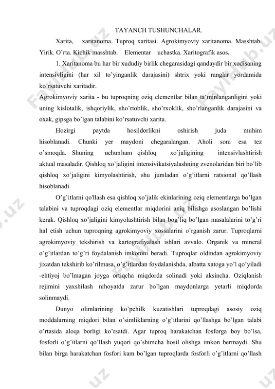 osiy oziq moddalarning miqdori bilan o’simliklarning o’g’itlarini qo’llashga bo’lgan talabi o’rtasida aloqa borligi ko’rsatdi. agar tuproq harakatchan fosforga boy bo’lsa, fosforli o’g’itlarni qo’llash yuqori qo’shimcha hosil olishga imkon bermaydi. shu bilan birga harakatchan fosfori kam bo’lgan tuproqlarda fosforli o’g’itlarni qo’llash hosilni ancha oshiradi. shunday qilib tuproqni harakatchan oziq elementlar bilan ta‘minlanganlik darajasini bila turib qishloq xo’jalik ekinlarining o’g’itlarga bo’lgan talabini aniqlash mumkin. shuning uchun ham tuproqni agrokimyoviy tekshirish va xaritografiyalashdan maqsad - ushbu tuproqlarning oziq elementlari bilan ta‘minlanganlik darajasini o’rganish hamda yuqori hosil olishda o’g’itlar va kimyoviy meliorantlardan samarali foydalanish uchun zarur bo’lgan agrokimyoviy xaritogrammalarni tuzishdir. xaritogrammalar imkoni boricha ko’n miqdordagi oziq elementlarga tuzilishi kerak, chunki dehqonchilikning omillarini almashtirib bo’lmaslik qonuniga muvofiq bir element yetishmasligini boshqa element bilan to’ldirib bo’lmaydi va bu esa o’simliklar tomonidan boshqa elementlarni samarali o’zlashtirilishiga imkon bermaydi. o’g’itlarning hosilga bo’lgan ijobiy ta‘siri ayniqsa ulardagi oziq elementlarning optimal nisbatida eng yuqori bo’ladi. oziq elementlar nisbatining buzilishi o’g’itlar …