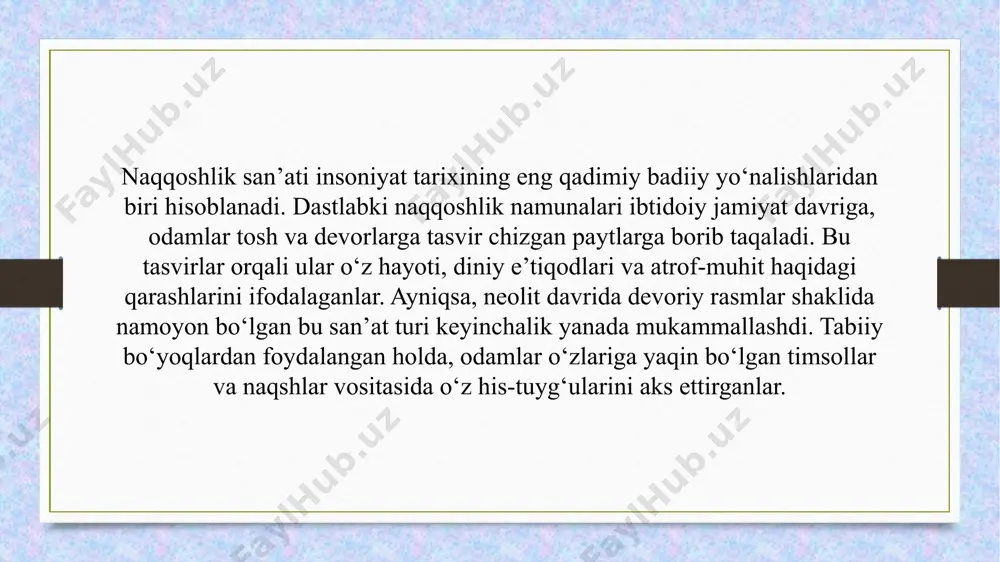 nalar talab etiladi. eng avvalo, ustaning qo‘lida aniq va ravon ishlash imkonini beruvchi burama, cho‘tka va kalam bo‘lishi kerak. kalam – o‘tkir uchli yog‘och yoki qamishdan yasalgan yozish va chizish asbobi bo‘lib, u bilan nozik naqshlar tushiriladi. shuningdek, sirkul, qalamparast, shablon (andaza) kabi geometriyaga oid asboblar yordamida mukammal simmetrik naqshlar chiziladi. naqqoshlikda ishlatiladigan bo‘yoqlar alohida o‘rin tutadi. an’anaviy ustalar bo‘yoqlarni tabiiy manbalardan – rangli toshlar, gullardan, o‘simlik ildizlari, minerallar va hatto hayvon mahsulotlaridan tayyorlashgan. masalan, indigo (ko‘k rang), kurkuma (sariq rang), oxra (jigarrang) kabi tabiiy pigmentlar qadimdan foydalanib kelingan. hozirgi kunda esa ularning yonida sun’iy va kimyoviy asosdagi bo‘yoqlar ham qo‘llanilmoqda, ammo tabiiy pigmentlar naqqoshlikning asl ruhiyatini saqlab qolish nuqtai nazaridan hali ham afzal ko‘riladi. naqqoshlik jarayonida ishlatiladigan asosiy materiallardan biri bu – yuzalardir. ustalar asarlarini ganch, yog‘och, to‘qimachilik, devor, qog‘oz va hatto sopol buyumlarda aks ettirishadi. har bir material o‘ziga xos ishlov berish usulini talab qiladi: masalan, yog‘och ustida …