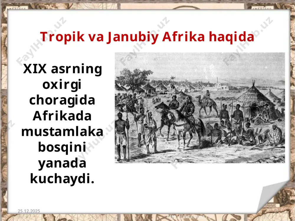trategik ahamiyatga ega bo‘lib qoldi. 1867-yili inglizlar efiopiyaga qarshi urush qilib, podsho („negus“ deb atalgan) feodor ii ning birlashtiruvchi siyosatiga putur yetkazdi. 22.11.2019 13 gerero va namalar 22.11.2019 14 janubiy afrikaning shimoli-g‘arbiy qismi 1883-yildan boshlab germaniya tomonidan bosib olina boshlandi. mahalliy gottentot va gerero qabilalari rezervatsiyalarga quvildi. 1904-yil barcha gerero qabilalari ozodlik uchun samuil magarero boshchiligida bosqinchilarga qarshi qo‘zg‘olon boshladilar. biroq, bu noteng kurashda qo‘zg‘olonchilar tor-mor etildi. 22.11.2019 15 samuil magarero savol va topshiriqlar: 1. janubiy afrika nega buyuk davlatlar manfaatlarining to‘qnashuviga sabab bo‘lgan? 2. g‘arbiy afrikada qaysi buyuk davlatlar manfaatlari to‘qnashgan? 3. sharqiy afrika qaysi buyuk davlatlar o‘rtasida taqsimlab olindi? 4. buyuk britaniya va bur respublikalari o‘rtasidagi urush qanday natija bilan tugagan? so‘zlab bering. 5. gerero va namalar kimlar edi? 22.11.2019 16 image2.png image3.jpeg image4.jpeg image5.jpeg image6.jpg image7.jpeg image8.png image9.jpeg image10.jpeg image11.jpeg image12.jpeg image13.jpeg image14.jpeg image15.jpeg image16.jpeg image1.jpeg /docprops/thumbnail.jpeg