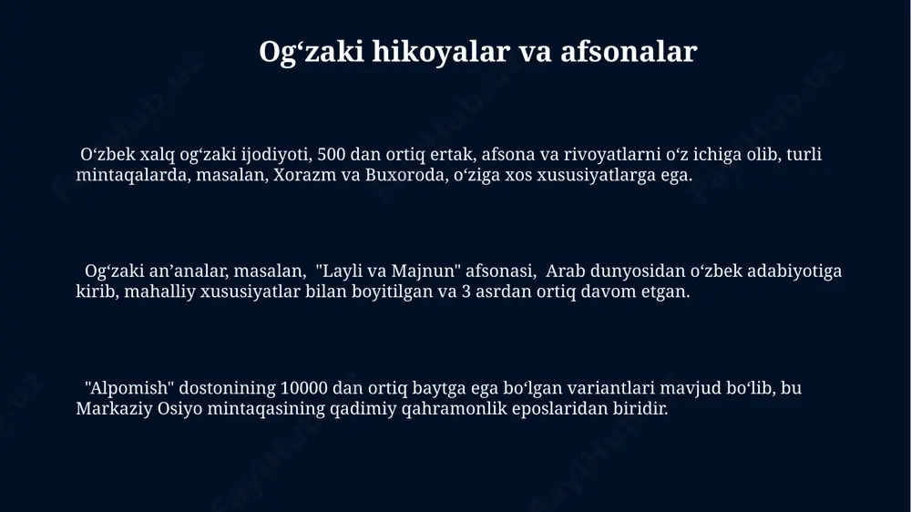 og‘zaki an'analar, hikoyalarni qo‘shiq va raqslar bilan uyg‘unlashtirib, an'anaviy musiqa asboblari, masalan, dutor yordamida taqdim etiladi. e'tiboringiz uchun rahmat @taqdimot_robot image1.jpg