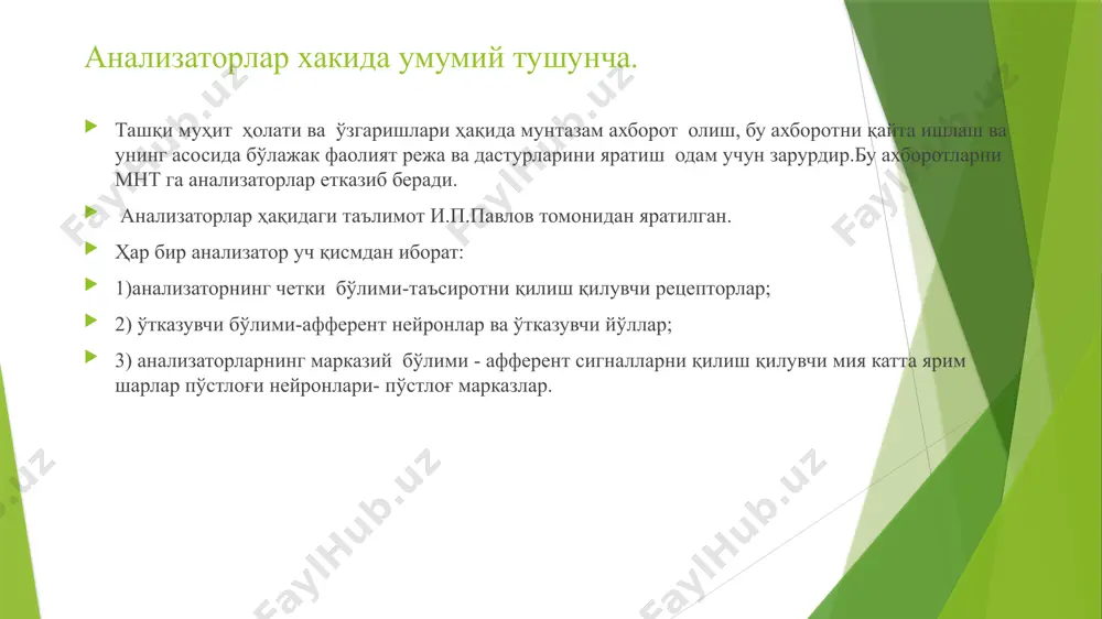 - ташқи сочли ҳужайра; 17 - сочлар. анализаторларнинг адаптацияси адаптация жараёнлар рецепторларда бошланади ва анализатор барча нейронларини камраб олади. адаптация фақат висцеро-, вестибуло- ва проприорецептор-ларда ривожланмаган. адаптация жараёнларининг тезлиги буйича рецепторлар тез ва секин адаптацияланадиганларга бўлинади. тез адаптацияланувчан рецепторлар адаптация ривожланиши билан ўзидан кейинги нейронга давом этаётган таъсирот тўғрисида умуман билдирмайди. секин адаптацияланувчан рецепторлар эса ахборот бериб туради, лекин жуда камайтирилган кўринишда. анализаторларнинг адаптацияси адаптация бўлади: механик рецептор ўтказувчи марказий кўрув анализатори кўрув сенсор тизими сезги аъзоларининг энг муҳими бўлиб,барча рецепротлардан мияга борадиган ахборотнинг 90% дан кўпи кўрув анализаторига таалуқлии. кўриш тасвирнинг тўр пардага тушиши ва фоторецепторлар қўзғалишидан бошланиб, кўрув анализаторининг мия пўстлоғида локализацияланган юксак бўлимлари томонидан кўрув майдонида образ мавжудлиги тўғрисида қарор қилиниши билан тугалланадиган кўп звеноли жараёндир кўрув анализатори кўз олмаси ташқаридан фиброз парда ўраган бўлиб, унинг олдинги тиниқ қисми сферик юзага эга ва шох парда дейилади. . фиброз парданинг қолган қисмини оқсилли парда ташкил этган. .шох парданинг …