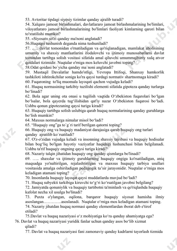 ining ma'nosi to'g'ri keltirilgan javobni toping? 40.davlatning funksiyalari nima? 41. davlat funksiyalari amal qilish payti bo'yicha qanday turdagi funksiyalarga bo'linadi? 42 ….. bu jamiyat va davlat oldida turgan , o'z yechimini kutayotgan muammo yoki masala. nuqtalar o'rniga to'g'ri javobni qo'ying. 43. davlatning ichki funksiyasi noto'g'ri keltirilgan javobni toping? 44. …….davlatning yaxlit, siyosiy, institutsional, hududiy jihatdan yagona va ayni vaqtda, differensiatsiyalashgan faoliyat yo'nalishidir. ushbu nuqtalar oʻrniga mos keladigan atamani toping. 45. siyosiy yoʻnalish sohalari bo'yicha davlat funksiyalari nechiga bo'linadi? 46. « davlat funksiyasi- davlatning asosiy harakat yo'nalishi va undan kelib chiqadigan maqsad va vazifalardir ». ushbu fikr kimlarga tegishli. 47. …… davlat tomonidan mamlakat iqtisodiyotini eng maqbul sharoitda rivojlantirishning strategik yoʻnalishlari ishlab chiqilishi va muvofiqlashtirilishi. nuqtalar oʻrniga mos keladigan atamani toping. 48……. asosiy u intiladigan farovon, yorqin kelajak boʻlib, uning barcha vazifalari ana shu oliy maqsadni ta'minlashga yo'naltiriladi. nuqtalar oʻrniga mos keladigan qatorni ko`rsating. 49. hokimiyat taqsimlanishi qanday turdagi darajalarda namoyon …