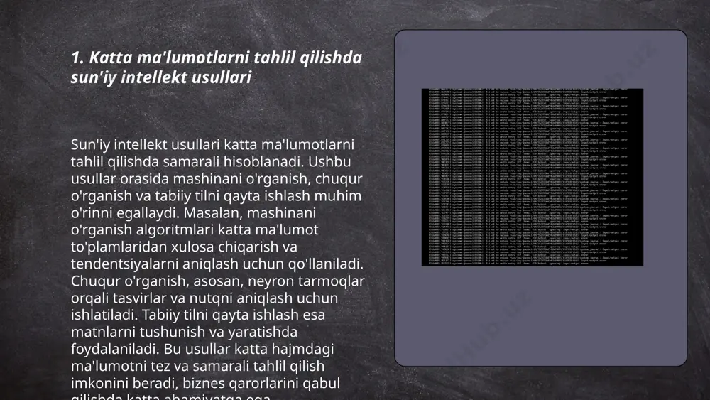 kin. yakuniy natijalar oqilona qarorlar chiqarishga yordam beradi. ... t.me/slaydai_bot sun'iy intellekt algoritmlari katta ma'lumotlar (big data) bilan muhitda ishlash uchun mo'ljallangan. bunday algoritmlar orasida eng mashhurlari quyidagilar: sun'iy neyron tarmog'i (ann), konvolyutsion neyron tarmog'i (cnn), k-yaqin qo'shnilar algoritmi (knn), va boosting texnikalari: adaboost, gradient boosting. ushbu algoritmlar turli xil ma'lumotlar tiplari: tasvirlar, ovoz, matn bilan ishlashga imkon beradi. katta ma'lumotlar bilan ishlashda asosiy muammo hisoblash quvvatining yetarli bo'lishidir. bugungi kunda ai algoritmlari uchun gpu va kleyterlar keng qo'llaniladi. shu bilan birga, python va tensorflow kabi dasturlash tillari va kutubxonalar katta ma'lumotlar bilan ishlashni osonlashtiradi. ... t.me/slaydai_bot 7. katta hajmdagi ma'lumotlarning oldindan aytilishini oshirish katta hajmdagi ma'lumotlarning oldindan aytilishini oshirishda statistik va mashinani o‘rganish modellari muhim ahamiyatga ega. 2020-yilda dunyo miqyosida ma'lumotlar hajmi 44 zettabaytga yetdi va har yili 61% o‘smoqda. oldindan aytish uchun asosan sun'iy intellekt va chuqur o‘rganish algoritmlaridan foydalaniladi. 2023-yilga kelib bizneslarning 70% dan ortig‘i qarorlar qabul …