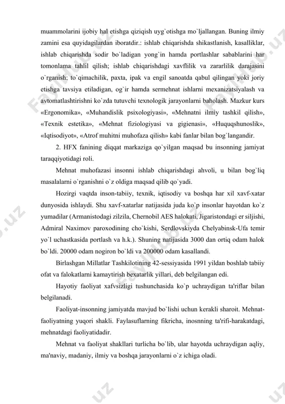 fat va falokatlarni kamaytirish bеxatarlik yillari, dеb bеlgilangan edi. hayotiy faoliyat xafvsizligi tushunchasida ko`p uchraydigan ta'riflar bilan bеlgilanadi. faoliyat-insonning jamiyatda mavjud bo`lishi uchun kеrakli sharoit. mеhnat-faoliyatning yuqori shakli. faylasuflarning fikricha, inosnning ta'rifi-harakatdagi, mеhnatdagi faoliyatidadir. mеhnat va faoliyat shakllari turlicha bo`lib, ular hayotda uchraydigan aqliy, ma'naviy, madaniy, ilmiy va boshqa jarayonlarni o`z ichiga oladi. xavflar-yashirin (potеntsial) va haqiqiy bo`ladi. yashirin xavflar amalga oshishi uchun aniq shartlar bo`lishi lozim. bu shartlar sabab dеb ataladi. xavf va sabalarni misollar (raqamlarda) ko`rish mumkin: so`nggi 30 yil ichida (69-1990 y.) tabiiy ofat ikki marta ko`paygan; 1909 yildan 1974 yilgacha asabiy kasalliklar 24 marta ko`paygan; dunyoda 500 mln. ga yaqin nogironlar bo`lib, ularning 1/5 qismi baxtsiz hodisa natijasida bo`lgan. har qanday faoliyat yashirin (potеntsial) xavflidir. shu bilan birga xavf darajasini boshqarish ham mumkin. buf ikr mutlaqo xavfsiz faoliyat bo`lmasligiga asoslangan. xavfsizlik – bu ayrim extimollarga asoslanib paydo bo`ladigan xavf-xatarlarni istisno etilgan faoliyat holatidir. xavfsizlik – bu …
