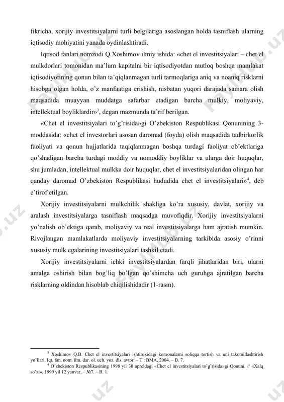ijiy investitsiyalarni yo’nalish ob’ektiga qarab, moliyaviy va real investitsiyalarga ham ajratish mumkin. rivojlangan mamlakatlarda moliyaviy investitsiyalarning tarkibida asosiy o’rinni xususiy mulk egalarining investitsiyalari tashkil etadi. xorijiy investitsiyalarni ichki investitsiyalardan farqli jihatlaridan biri, ularni amalga oshirish bilan bog’liq bo’lgan qo’shimcha uch guruhga ajratilgan barcha risklarning oldindan hisoblab chiqilishidadir (1-rasm). 1-rasm. xorijiy investitsiyalar bilan bog’liq risklar xorijiy investitsiyalarning iqtisodiy mohiyatini anglashda uning xususiyatlarini bilish muhim ahamiyatga ega. xorijiy investitsiyalarning quyidagi xususiyatlarini ta’kidlash mumkin: – xorijiy investitsiyalar bir iqtisodiyotdan ikkinchisiga ko’chayotgan kapital; – kapitalni o’zga mamlakatga qulayroq qilib joylashtirish maqsadi; – qo’yilgan sarmoya egasiga qaytib kelgunga qadar nisbatan uzoq muddat davomida yuqori foyda ko’rish; – qo’shimcha risklarga ega bo’lish; – aniq maqsadlarga intilish (yuqori daromad olish, yangi bozorlarni egallash, ishonch qozonish); – o’zga mamlakat qonunchiligidan, imkoniyatlaridan foydalanish asosida vaqtdan unumli foydalangan holda o’z kapitalini o’stirish; – rag’batlantirish tizimi, kafolatlar, imtiyozlar, ishonchli va o’zaro manfaatli munosabatlarning yo’lga qo’yilishini talab etishi; – ishlab chiqarish (xizmat …