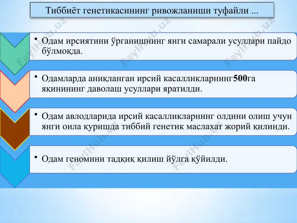 ўқималар трансплантациясини тўқима антигенларини – нla системаси ўрганилади туғма иммун етишмаслик ҳолатларига ташхис кўйилади. она ва ҳомила ўртасида қон тизимлари(rh-омил, қон гуруҳлари) бўйича антиген мос тушмаслик ҳолатларига шубҳа бўлганда ташхис қўйилади. оталик аниқланади. биокимёвий усул: биокимёвий усул моддалар алмашинуви бузилиши билан ҳарактерланадиган ирсий ген касалликларини (фенилкетанурия, гемаглобинопатия, қандли диабет, амовротик идиотия, гемахромотоз ва ҳак.)ташҳис қилишда қўлланилади. бу усул икки босқичдан иборат: скрининг усули. текширув материалида мураккаб ферментатив таҳлил усули. популяцион статистик усул бу усул одам популяцияларининг генетик таркибини ўрганади. бу усул одам популяцияларининг гетерозиготалик ва полиморфизм даражалари ҳақида маълумот беради. ҳар хил популяциялар ўртасидаги аллеллар частотасининг фарқларини аниқлаб беради. бу усул харди-вайнберг қонунига асосланади. харди-вайнберг қонуни, қуйидаги шартларга жавоб берувчи популяциялар учун ишлаб чиқилган эркин чатишув бўлганда популяция доирасидан индивидлар миграцияси сабабли генларнинг четга чиқишлиги йўқлигида популяцияга генлар оқимининг кириб келишлигининг йўқлигида гомозигота ва гетерозиготали организмларнинг тенг миқдорда насл беришиди статистик таҳлил қилишда харди-вайнберг тенгламасидан фойдаланилади молекуляр генетик усул секвенирлаш …