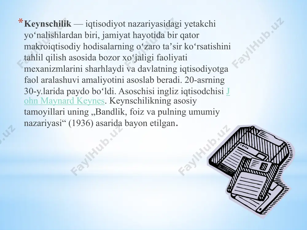 „toʻla bandlik“ sifatida talqin etiladi. keyns gʻoyalari oʻz davrida, ikkinchi jahon urushi va undan keyingi yillari katta taʼsirga ega boʻldi, ammo bir qancha oʻzgarishlarga uchradi. ayniqsa, urush bilan bogʻliq militaristik siyosat davlatning iqtisodiyotda faol ishtirokini talab etdi, urushdan keyingi tiklanish yillari ham bu gʻoyalar ustun boʻldi (germaniya, italiya, ispaniya). . 20-asrning 70-y.larida sanoati rivojlangan mamlakatlar taraqqiyotida ijtimoiy yoʻnaltirilganlik kuchaydi (davlat mulki ortib bordi), davlat byudjet qarzlari koʻpaydi, ishsizlik qam oʻsdi, inflyasiya kuchli boʻldi, chuqur iqtisodiy tangliklar yuz berishi davom etdi, iqtisodiy sikllarning takrorlanish davri qisqardi, ana shunday sharoitda liberal (neoliberal) goyalar ustunlikni egallay boshladi. aqshda reygonomika, buyuk britaniyada tetcherizm davlatning iqtisodiyotga aralashuvini minimallashtirdi va iqtisodiy ahvol yaxshilandi. keynschilik gʻoyalari neokeynschilik vakillari asarlarida yanada rivojlantirildi. . adabiyotlar: ﻿﻿﻿karimov i.a. o’zbekiston buyuk kelajak sari. t., o’zbekiston, 1998. ﻿﻿﻿iqtisodiy ta' limotlar tarixi. t., fan, 1997. ﻿﻿﻿razzoqov a. va boshq. iqtisodiy ta'limotlar tarixi. darslik. t., moliya, 2002. 364-378b. 4. islomov a. va boshq. iqtisodiy …