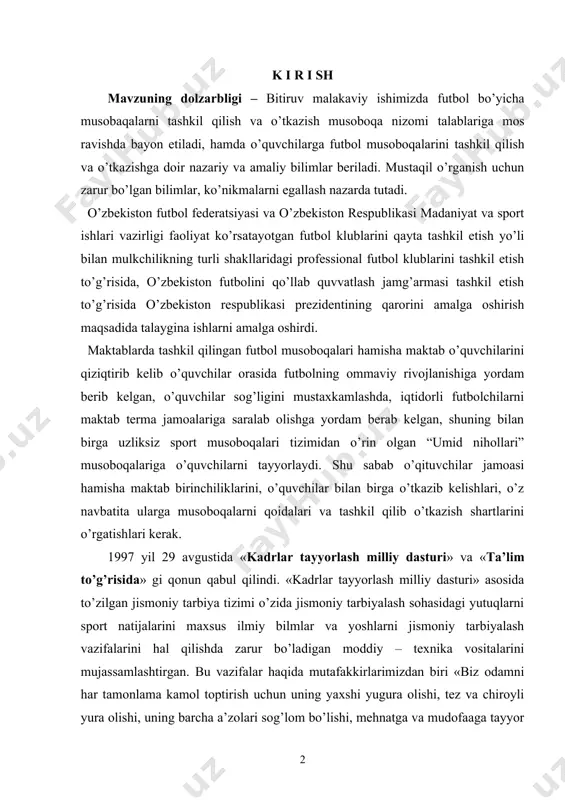 “umid nihollari” musoboqalariga o’quvchilarni tayyorlaydi. shu sabab o’qituvchilar jamoasi hamisha maktab birinchiliklarini, o’quvchilar bilan birga o’tkazib kelishlari, o’z navbatita ularga musoboqalarni qoidalari va tashkil qilib o’tkazish shartlarini o’rgatishlari kerak. 1997 yil 29 avgustida «kadrlar tayyorlash milliy dasturi» va «ta’lim to’g’risida» gi qonun qabul qilindi. «kadrlar tayyorlash milliy dasturi» asosida to’zilgan jismoniy tarbiya tizimi o’zida jismoniy tarbiyalash sohasidagi yutuqlarni sport natijalarini maxsus ilmiy bilmlar va yoshlarni jismoniy tarbiyalash vazifalarini hal qilishda zarur bo’ladigan moddiy – texnika vositalarini mujassamlashtirgan. bu vazifalar haqida mutafakkirlarimizdan biri «biz odamni har tamonlama kamol toptirish uchun uning yaxshi yugura olishi, tez va chiroyli yura olishi, uning barcha a’zolari sog’lom bo’lishi, mehnatga va mudofaaga tayyor turishi bilan birga aqliy sifatlari ham o’sib borishini tarbiyalashimiz lozim» degan. shu nuqtai nazardan qaraganimizda jismoniy tarbiyani insonning bolaligidan boshlashimiz zarur. buning uchun avalo, bolalarning o’zini sportga qiziqtirish, ular o’rtasida turli xil o’yinlarni musobaqa tarzida tashkil qilish lozimdir, chunki o’yinlarda harakatning xilma – …