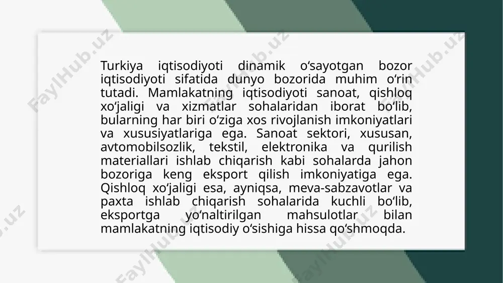 horalarni ko‘rishga tayyor. turkiyadagi asosiy investitsiya sohalari energetika sektori, ayniqsa qayta tiklanadigan energiya manbalariga, shamol va quyosh energiyasiga katta e'tibor qaratiladi. mamlakatda yangi energiya manbalarini rivojlantirish va energiya samaradorligini oshirish uchun investitsiyalarni jalb qilish ustuvor yo‘nalishlardan biri hisoblanadi. transport va logistika sektori ham jozibador soha bo‘lib, turkiyaning geosiyosiy joylashuvi global savdo yo‘llarining muhim nuqtalaridan biriga aylantiradi. qishloq xo‘jaligi va oziq-ovqat sanoati ham o‘sish sur’atlariga ega. turkiya eksport qiladigan meva-sabzavotlar va boshqa qishloq xo‘jaligi mahsulotlariga bo‘lgan talab yuqori. agrobiznes va zamonaviy qishloq xo‘jaligi texnologiyalariga investitsiyalar bu sohani yanada rivojlantirishga yordam beradi. ______________________________________________________ turizm sektori ham muhim ahamiyatga ega. turkiya o‘zining tarixiy va tabiiy go‘zalliklari, plyajlari va madaniy merosi bilan dunyoda mashhur. turistik infratuzilmaning rivojlanishi, yangi mehmonxona va turistik komplekslarning qurilishi investitsiyalarni jalb qiladi. texnologiyalar va innovatsiyalar sektori ham o‘sib bormoqda. it, sun'iy intellekt, blockchain va raqamli xizmatlar kabi sohalarda startaplar va yangi texnologiyalarni rivojlantirishga sarmoya kiritish imkoniyatlari mavjud. bu soha turkiyaning …