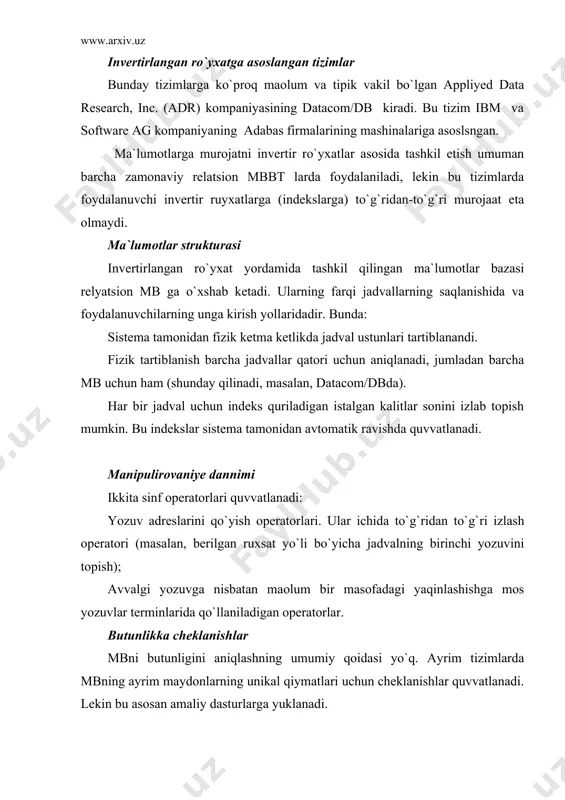 amidan tuziladi. yanada aniqrog`i bir xil turdagi daraxtlarning bir necha tartiblangan nusxalari to`plamidan ibirat bo`ladi. daraxt turi bitta “ildizli” tur yozuvidan va tartiblangan bitta yoki bir necha daraxt osti turlardan (ular har biri daraxtning turidir) tashkil topgan bo`ladi. daraxt turi umuman olganda iyerarxir ravishda tashkil topgan yozuvlar turlari to`plamidani tasvirlaydi. daraxt turiga misol (mbning iyerarxik sxemasi): bu erda “nachalg`nik” va “sotrudniki” uchun “otdel” oldingisi bolib, “nachalg`nik” va “sotrudniki” esa “otdel” davomchilaridir. yozuvlar turlari orasida aloqa quvvatlanadi. bunday sxemadagi ma`lumotlar bazasi quyidagi ko`rinishda tasvirlanadi (biz daraxtning bitta nusxasini ko`rsatayapmiz): barcha davomchi turdagi nusxalar oldingi turdagi umumiy nusxalar bilan yaqin, yaoni egizak (bliznetsami) deyiladi. mb uchun to`liq pastdan –yuqoriga, chapdan-pastga o`tish tartibi (o`rnatilgan) aniqlangan. ims da original va standart bo`lmagan terminlar ishlatilgan: "segment" birga "zapisg`", hamda "zapisg`yu bd" tushunchasida barcha daraxtlar sigmenti tusuniladi. ma`lumotlar ustiga ish yuritish iyerarxik tashkil qilingan ma`lumotlar bilan ish yuritishga quyidagi operatorlarni misol tariqasida namuna qilib olish mumkin: …