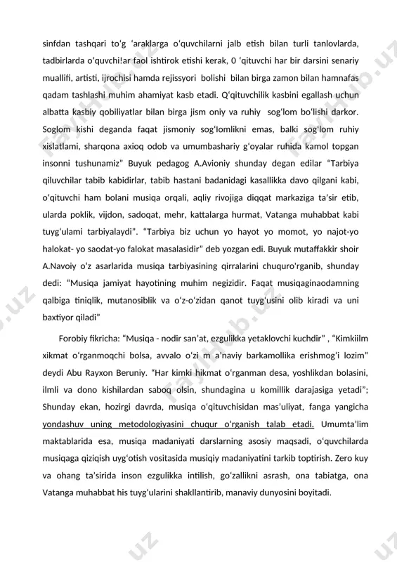 aodat-yo falokat masalasidir” deb yozgan edi. buyuk mutaffakkir shoir a.navoiy o‘z asarlarida musiqa tarbiyasining qirralarini chuquro'rganib, shunday dedi: “musiqa jamiyat hayotining muhim negizidir. faqat musiqaginaodamning qalbiga tiniqlik, mutanosiblik va o‘z-o‘zidan qanot tuyg‘usini olib kiradi va uni baxtiyor qiladi” forobiy fikricha: “musiqa - nodir san’at, ezgulikka yetaklovchi kuchdir” , “kimkiilm xikmat o‘rganmoqchi bolsa, avvalo o‘zi m a’naviy barkamollika erishmog‘i lozim” deydi abu rayxon beruniy. “har kimki hikmat o‘rganman desa, yoshlikdan bolasini, ilmli va dono kishilardan saboq olsin, shundagina u komillik darajasiga yetadi”; shunday ekan, hozirgi davrda, musiqa o‘qituvchisidan mas’uliyat, fanga yangicha yondashuv uning metodologiyasini chuqur o‘rganish talab etadi. umumta’lim maktablarida esa, musiqa madaniyati darslarning asosiy maqsadi, o‘quvchilarda musiqaga qiziqish uyg‘otish vositasida musiqiy madaniyatini tarkib toptirish. zero kuy va ohang ta’sirida inson ezgulikka intilish, go‘zallikni asrash, ona tabiatga, ona vatanga muhabbat his tuyg‘ularini shakllantirib, manaviy dunyosini boyitadi. kurs ishining maqsadi:iogann sibastyan baxning hayot yo’li,sermahsul asarlari va organ ijodi bilan tanishtirish. kurs ishi …