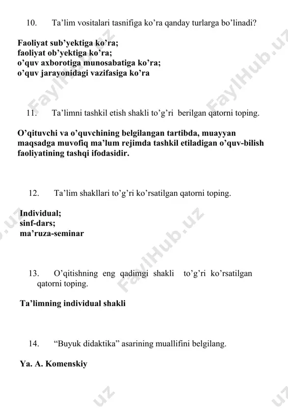 lari to’g’ri ko’rsatilgan qatorni toping. nazorat, tekshirish, baholash, statistik ma’lumotlar to‘plash, ularni tahlil qilish, dinamika, tendensiyalarni aniqlash, voqealarning keyingi rivojini taxminlash 22. “... ta’lim jarayonida ta’lim oluvchining bilim, ko‘nikma va malakalari darajasini aniqlash, o‘lchash va baholash jarayonini anglatadi”. nuqtalar o’rniga kerakli so’zni qo’yib, jumlani yakunlang. nazorat 23. faoliyatni tashkil etish va xulq-atvor me’yorlarini shakllantirish (mashq) metodlari to’g’ri ko’rsatilgan qatorni toping. mashq, pedagogik talab, ijtimoiy fikr, topshiriq, tarbiyalovchi vaziyat 24. faoliyatni rag’batlash va motivatsiyalash metodlari to’g’ri ko’rsatilgan qatorni toping. rag’batlantirish, tanbeh berish, uyaltirish 25. shaxs ongini shakllantirish (ishontirish) metodlari to’g’ri ko’rsatilgan qatorni toping. hikoya, tushuntirish, izohlash, ma'ruza, etik suhbat, nasihat, o'git, ko'rsatma, munozara, namuna 26. tarbiya metodlari nechta guruhga bo’linadi? 1. shaхs ongini shakllantiruvchi metodlar. 2. faoliyatni tashkil etish va хulq-atvor tajribalarini shakllantirish metodlari. 3. xulq-atvorni va faoliyatni rag’batlantirish metodlari. 27. tarbiya metodlariga to’g’ri ta’rif berilgan qatorni aniqlang. tarbiyalanuvchilarning ongi, irodasi, tuyg’ulari va хulqiga ta’sir etish usullari yig’indisidir. 28. jamoa so’ziga …
