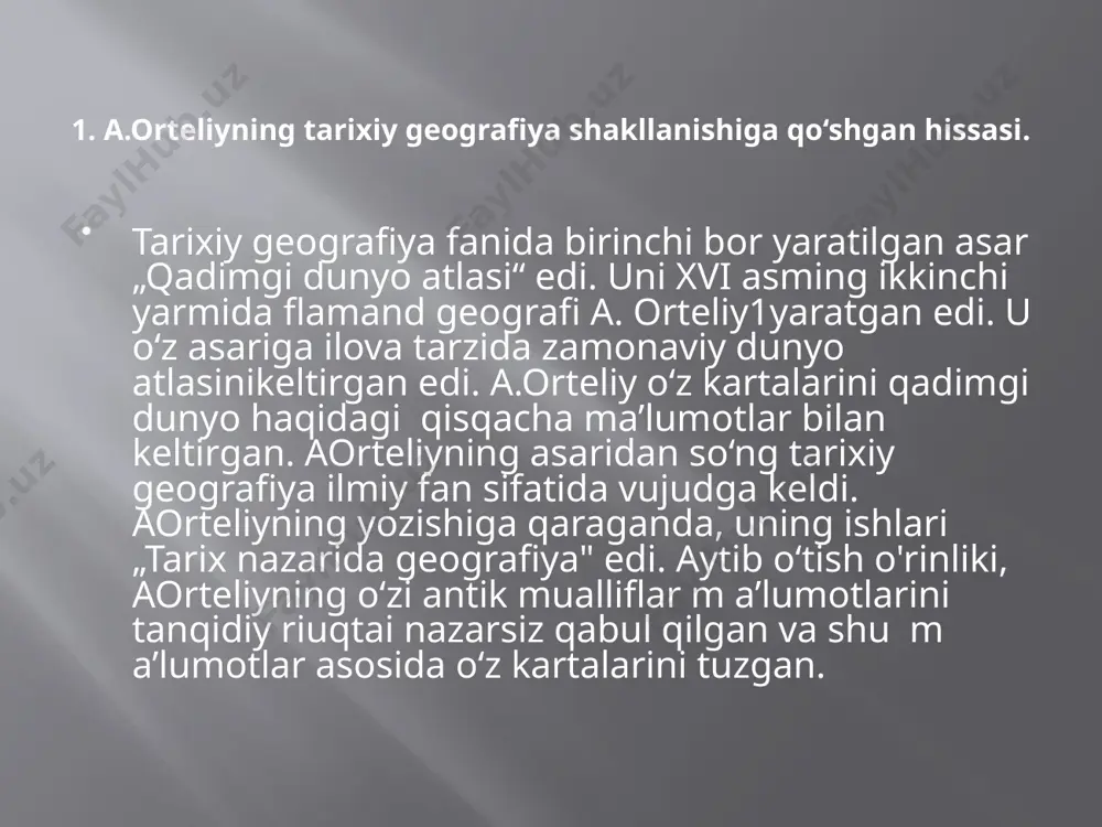 ing ikkinchi yarmi-xix asming birinchi yarmida buxoro amirligi qo'qon va xiva xonliklarining asosiy savdo yo'llarining yo'nalishlari, chor rossiyasi mustamlakasi bo'lgan turkistonning siyosiy-ma’muriy ishlari kabi muammo-lardir.. muammoning eng qiyin tomoni — bu o'rga-nilayotgan hududning iqtisodiy geografiyasiga oid ko'rsatkich-laming qayd qilinishi, ya’ni ishlab chiqarish kuchlarining rivoj-lanishi va joylashishini ko'rsatishdir. tarixiy-geografik muammolami hal etishda esa hamon ikkita yo‘nalish - tarix va geografiya mavjud. tarixiy geografiya bu fanlaming. tutash chegarasida bo‘lib, tarixga ham, geografiyaga ham oid deyish mumkin. 4. tarixiy geografiyaning yangi davrda o‘rganilishi. xx asr boshida peterburg arxeologiya instituti va moskva universitetida tarixiy geografiya o ‘qitila boshlandi. talabalarga mazkur fan asoslarini peterburgda s.m.seredonin va aaspitsin, moskva universitetida esa m.k.lyubavskiy o'qishgan. an.nasonov esa qadimgi rus tarixiy geografiyasiga oid „rus yeri“ nomli ilmiy tadqiqotini 1951 yilda moskvada nashr ettirgan. m.n.tixomirov „rossiya xvi asrda“ nomli fundamental tadqiqot yaratgan (moskva, 1962 yil). i.agolubsovning ilmiy tadqiqotlari asosan tarixiy kartografiya rivoji masalalariga bag‘ ishlangan. m.v.vitov, v.k.yatsunskiy, v.z.drobijev, i.d.kovalchenko, av.muravev, …