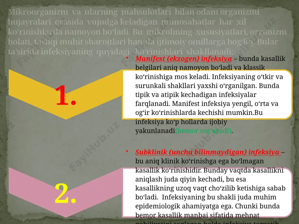 antibakterial terapiyada). 2.virulentlik xususiyati. invazivlik – bu mikroorganizmning to‘qima hamda a’zolarga kira olish va ularda tarqalish xususiyatidir. bu xususiyat ularning gialuronidaza va neyraminidaza kabi fermentlar ishlab chiqarish qobiliyati bilan bog‘liq bo‘lib, bu fermentlar qo‘shuvchi va boshqa to‘qimalar o‘tkazuvchanligini buzadi va mikrobning organizmda tarqalishi uchun sharoit yaratadi. 3.invazivlik xususiyati. toksigenlik – mikrobning toksinlar ishlab chiqarish va ajratish xususiyati. bakteriya hujayrasi ishlab chiqargan toksik moddalar ikki guruhga – ekzotoksinlar va endotoksinlarga bo‘linadi. ekzotoksinlar (oqsil tabiatli moddalar) asosan grammusbat mikroblar, masalan, stafilokokklar, streptokokklar, qoqshol, botulizm, difteriya, gazli gangrena va boshqa mikroblar tomonidan ishlab chiqiladi va tashqi muhitga (to‘liq yoki qisman) ajratiladi. ekzotoksinlar asosan termolabil (yuqori haroratga chidamsiz) hisoblanadi. ekzotoksinlar uchun spetsifiklik xos, ya’ni ular makroorganizmga ta’sir qilganda bu toksinga xos belgilar namoyon bo‘ladi. masalan, qoqshol qo‘zg‘atuvchisi ekzotoksinlari mushaklarning spastik qisqarishiga olib kelsa, difteriya qo‘zg‘atuvchisi toksini nekrotik va paralitik ta’sirga ega. 4. toksigenlik xususiyati. 12 endotoksinlar mikrob hujayrasi bilan mustahkambirikkan bo‘lib, ular ko‘pincha mikrob …