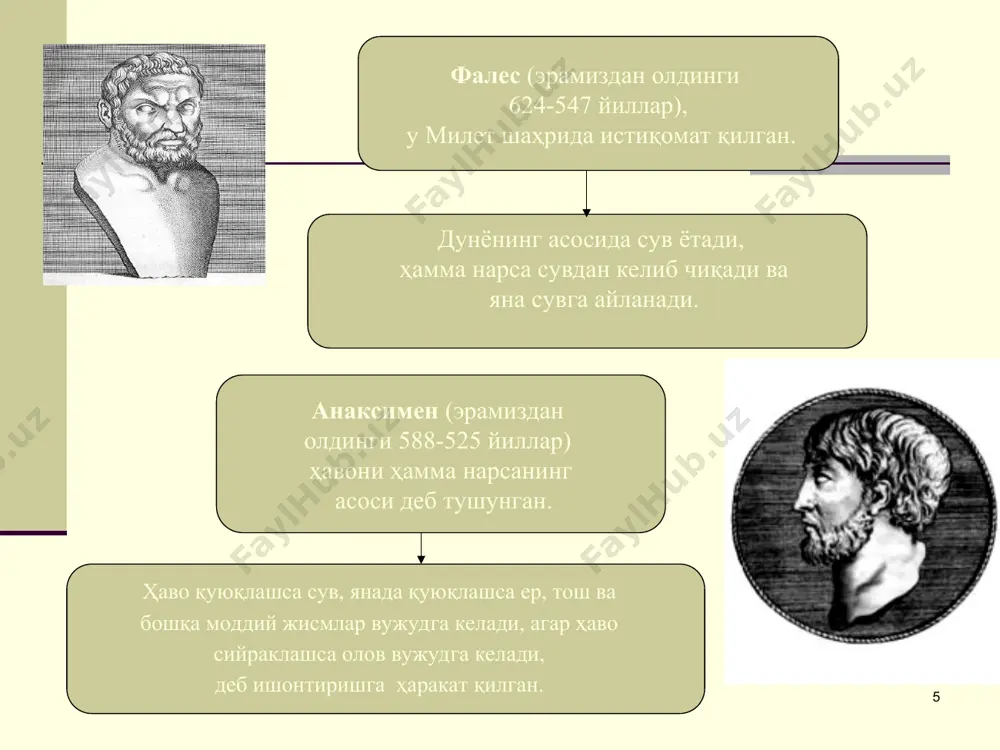 h.k.). * eley falsafiy maktabi namoyandasi ksenofan (eramizdan avvalgi yi — v asr) shoir va faylasuf. * ksenofant «tabiat haqida» asarining muallifidir. u ko'pxudolikka hamda insonlarga xos sifatlarni hayvonlarga, o'simlik dunyosiga daxldor deb biluvchi ta'limotga qarshi chiqib, mifologiyani rad etishga harakat qilgan. uning falsafiy ta'limotiga ko'ra, tabiat - o'zgarmas va harakatsizdir, «hamma narsa erdan unib chiqadi va pirovardida yana erga qaytadi». biz hammamiz erdan tug'ilganmiz va erga aylanamiz». ksenofan qadimgi yunon faylasuflaridan birinchi bo'lib, bilishning imkoniyati va chegarasi haqida fikr yuritgan. bu qadimgi yunon gnoseologiyasining rivojiga turtki bo'ldi. * qadimgi yunon madaniyatida sofistlar falsafasi katta o'rin tutadi. sofistlar antropologiya (inson haqidagi fan) va gnoseologiya (bilish to'g'risidagi fan) muammolari bilan shug'ullangan. sofistlar yangi kasblarning mohir ustalari, ya'ni o'qituvchilar, diplomatlar, notiqlar, sud mahkamalarida ishlovchi mutaxassislardan iborat bo'lib, haqiqat, osoyishtalik, adolat o'rnatishga xizmat qilgan. * suqrot (eramizdan oldingi 469-399 yillar.) «aflotun mening do'stim, biroq haqiqat undan ustun.» * suqrot (miloddan avvalgi 469-399 y). …