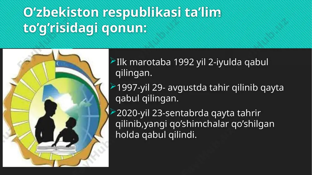 sh faoliyati sohasida kadrlar tayyorlash. o’qishga qabul davlat oliy ta’lim va professional ta’lim muassalariga 1.davlat granti 2.to’lov shartnoma asosida chet el fuqarolari uchun: faqat to’lov shartnoma asosida (davlat tomonidan ajratilgan grantlar bundan mustasno) davlat oliy ta’lim ,o’rta mahsus va professional ta’lim muassasalari va ularning filiallari ,shuningdek davlat ishtirokidagi ta’lim muassalari va ularning filiallari faqat prezident yoki hukumat qarorlari bilan tashkil etiladi va tugatiladi. nodavlat ta’lim muassasalari: nodavlat ta’lim muassasalarini tashkil etish ularning ta’sischilari tomonidan amalga oshiriladi. nodavlat ta’lim tashkilotlariga litsenziya ta’lim sifatini nazorat qilish davlat inspeksiyasi tomonidan beriladi. nodavlat ta’lim tashkilotlariga o‘qishga qabul qilish tartibi ushbu ta’lim tashkilotlari tomonidan belgilanadi. e’tiboringiz uchun rahmat image2.png image3.png image4.png image5.png image6.png image7.png image8.png image9.png image10.png image11.png image12.png image13.png image14.png image15.png image16.png image17.png /docprops/thumbnail.jpeg