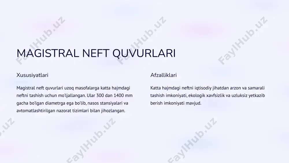 agi ekologik vaziyatni doimiy kuzatish imkoniyati yaratiladi. uglerod izini kamaytirish ba'zi mamlakatlarda neft quvurlarining uglerod chiqindilarini kamaytirish uchun vodorod bilan aralashtirib tashish texnologiyasi sinovdan o'tkazilmoqda. 11 innovatsion materiallar va texnologiyalar zamonaviy quvurlar tizimida nano-qoplamalar, o'zini tiklovchi materiallar, kompozit materiallar va ultra past haroratli tizimlar kabi innovatsion yechimlar qo'llanilmoqda. bu texnologiyalar quvurlarning xizmat muddatini uzaytirish, samaradorligini oshirish va xavfsizligini ta'minlashga xizmat qiladi. 12 xalqaro magistral quvurlar loyihalari nomi mamlakatlari uzunligi (km) drujba rossiya - yevropa 4,000 baku-tbilisi-ceyhan ozarbayjon - gruziya - turkiya 1,768 nord stream rossiya - germaniya 1,222 yamal-yevropa rossiya - yevropa 4,196 13 quvurlar tizimining kelajakdagi integratsiyasi 1 vodorod energetikasi mavjud quvurlarni vodorod tashishga moslashtirish 2 muqobil yoqilg'ilar biologik yoqilg'i aralashmalarini qo'llash 3 yashil energiya qayta tiklanuvchi energiya manbalari bilan integratsiya 4 multimodal transport temir yo'l va dengiz transporti bilan bog'lash 14 xulosa 1 magistral neft va gaz quvurlari global energetika tizimining muhim qismi bo'lib qolmoqda 2 raqamlashtirish va …