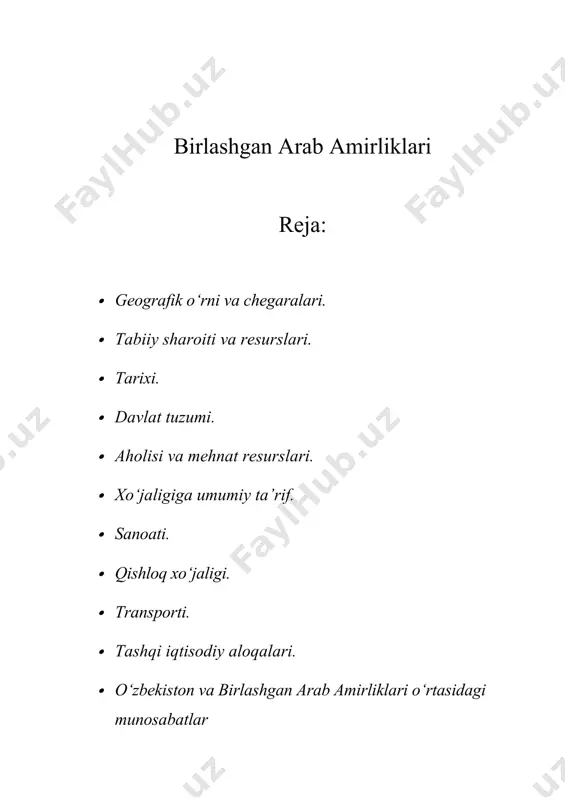 dubay amirliklarida joylashgan. aniqlangan neft zahiralari 7mld.tonnadan ortiq. geologik qidiruv ishlari natijasida mamlakat hududidan oltin, mis, temir, qo‘rg‘oshin va qimmatli uran konlari aniqlangan. iqlimi va ichki suvlari. mamlakat iqlimi tropik. baada yil fasllari unchalik ajralib turmaydi. bu yerda faqat yoz va qish ajratiladi. yoz maydan oktabrgacha davom etadi, kunduzi o‘rtacha harorat +38+45ºc, iyul va sentabrda harorat +55ºcdan oshadi. qish faslida esa(dekabr-aprel) harorat +20+30ºc issiq bo‘ladi. ba’zan qishda kechasi birlashgan arab amirliklari tabiiy xaritasi. -8-10ºcga tushib ketadi.yillik yog‘in miqdori 70-100mm ni tashkil etadi, qor umuman yog‘maydi, faqat qishda yomg‘ir yog‘adi(dekabr-yanvar). eng ko‘p yog‘in ras-ul-hayma amirligiga 250-300mm tushadi. yozda saudiya arabistonidan esgan issiq shamollar ta’sirida qum bo‘ronlari bo‘ladi. tabiiy suv manbalari baada umuman yo‘q. shuning uchun suv bilan ta`minlash juda keskin muammo. baada fors ko‘rfazi sohilbo‘yida bir nechta dengiz suvini chuchuklashtiruvchi zavodlar qurilgan. o‘simlik va hayvonot dunyosi. o‘simliklari cho‘lga moslashgan – yantoq, astrogal, qurg‘oqchilikka chidamli o‘tlar. vohalarda yovvoyi va madaniylashgan daraxtlar xurmo, …