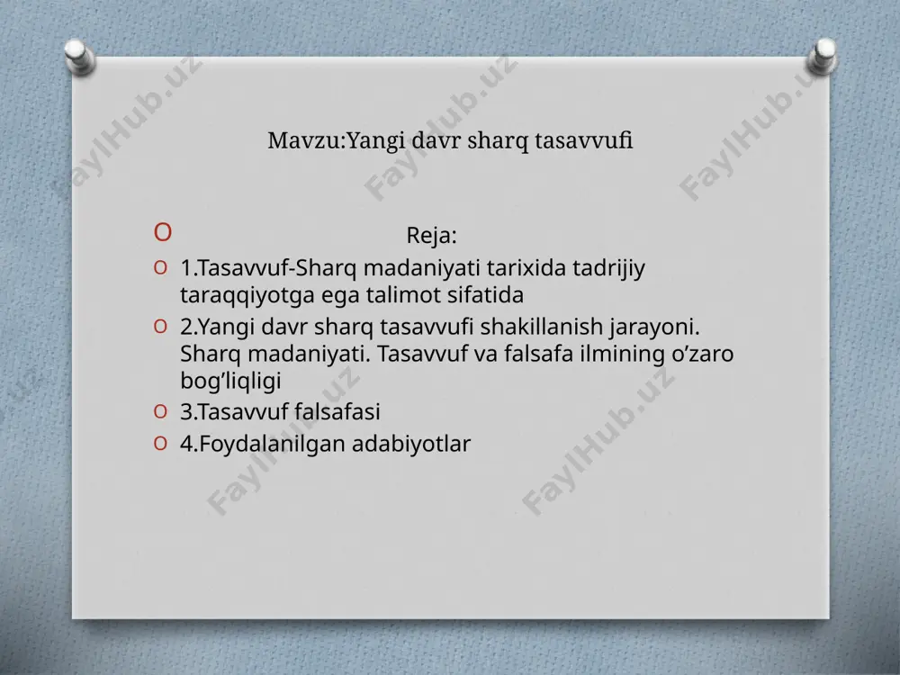 shqalar taqvo va parhezkorlikni bor deb bilganlar. undan keyingi davr esa tafakkuriy-shuuriy rivojlanish asosiy maqsad hisoblangan. ilmiy manbalarda keyingi davr-oriflik davri deb ataladi. bu davr ix asr o’rtalaridan boshlanadi. tasavvuf ibn arabiyga nisbatan beriladigan vahdatul vujud talimotiga borib tarqaladi. ujudidan iborat, boshqa mavjudliklar shu vujudning ijodi, inikosidir. tasavvufda falsafa ilmidan farqli ravishda insonni “olam mehvari” deb bilib olamdagi barcha harakat voqea hodisa, o’zgarish-yangilanishlarni insonda mushohada etish va inson orqali tushuntiradigan jamiki ichki ziddiyat va rivojlanish, o’sish ulg’ayish ruhning mo’jizalari insonda bor deb tariflaydi. jaloliddin rumiy “masnavii manaviy” asarida olamni va odamni yaratgan parvardigor qudrati va mohiyatini anglash ham inson ruhi xususiyatlarini o’rganish va anglash bilan aniqlagan. chunki parvardigorni va uning qudrati, mo’jizalari, g’arb olamini faqat aql bilan bilib bo’lmaydi tasavvufda aql butunlay inkor etilgan, degan gap emas. tasavvufda ha aqliy bilish aql qudrati tan olinadi. biroq aqliy bilimlar, dalil bilan isbotlanishi mumkin bo’lgan bilimlarga yaraydi, g’ayb ilimini idrok etishga esa …