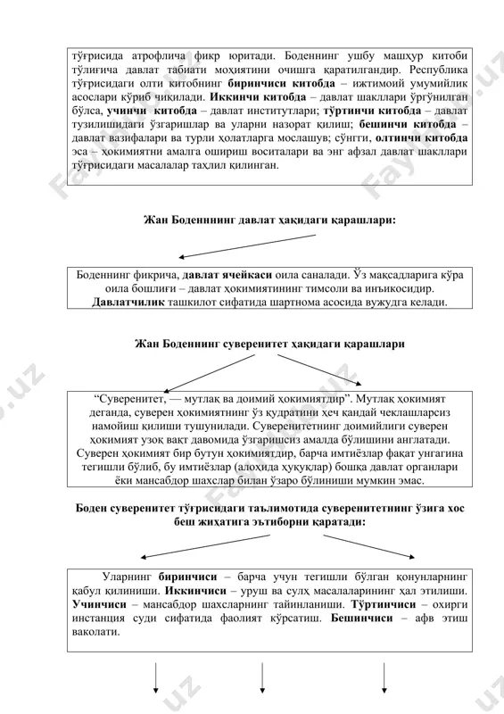 ага бўлади: 1.қонуний, 2.отамерос (сеньорал – ўз ҳудудида подшоҳлик ҳуқуқига эга бўлган катта ер эгаси) ва зулм-зўравонликка асосланган 3.мустабид давлат. боден қонуний давлатларга таъриф берар экан, бу каби давлатларда фуқаролар суверен қонунларига, суверен эса табиий ҳуқуқ талабларига риоя этишни айтиб ўтади. мутафаккир фикрича, отамерос давлатларда суверен қурол кучи ёрдамида инсонлар ва уларнинг мулкига эга бўлади ҳамда уларни оила бошлиғи сифатида бошқаради, мустабид давлатларда эса суверен табиий ҳуқуқларни тан олмайди, эркин фуқароларга қуллар каби муносабатда бўлади, уларнинг мулкига эса ўзининг мулки сифатида қарайди. фойдаланилган адабиётлар рўйхати: 1. адилходжаева. с.м. либерализм – правовой и теоретический фундамент рыночной экономики. “хўжалик ва ҳуқуқ”, 2002, №6, с. 84-87. 2. адилходжаева.с.м. либерализм: эволюция идей от прошлого до настоящего. монография. т.: тдюи, 2002 3. бобоев ҳ.б., қаҳҳоров а. демократик конституциянинг ижтимоий-ҳуқуқий қирралари. -т.: ўзбекистон, 2000. -77 б. 4. бобоев. ҳ.б.сиёсий ҳуқуқий таълимотлар тарихи. т.: тдюи 2003.-205б. 5. бобоев. ҳ.б.ўзбек давлатчилиги тарихи. т.: “фан” 2004. – 294 б. …