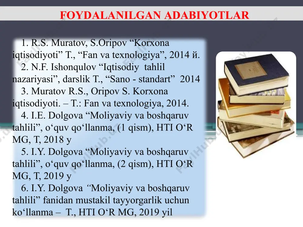 moiy – iqtisodiy samaradorliligi va ularning faoliyatini yakuniy moliyaviy natijalarini o‘rganish tushuniladi. bundan tashqari bunday o‘rganishda ta’sir etuvchi subyektiv va obyektiv qonuniyatlarga amal qilinadi, shuningdek, o‘rganish uchun ko‘pgina iqtisodiy ma’lumotlardan foydalaniladi. fanning predmeti ta’rifidan shu narsa ko‘riladiki, demak fan korxonalarning xo‘jalik jarayonlarini o‘rganar ekan, hamda qanday iqtisodiy samaradorlikka erishganligini ko‘rsatar ekan, hamda bu samaradorlikni o‘zgarishiga ta’sir etgan obyektiv sabablar (korxona faoliyatiga mutlaqo bog‘liq bo‘lmagan), ya’ni davlat siyosati , bozordagi talab va taklif, baho, tabiiy omillar va hakozolar. moliyaviy tahlil fanining predmeti va obyekti ko‘rsatkichlar ta’rifi tasnifi tahlil predmeti turli mulkchilik shaklidagi xo‘jalik yurituvchi subyektlarning moliyaviy-xo‘jalik faoliyatini, uning samaradorligi va natijaviyligini ko‘rsatkichlar tizimida, uzviylik va aloqadorlikda, omillarga bog‘liq ravishda turli axborot manbalaridan foydalangan holda davriy o‘rganish iqtisodiy o‘zgarishlarni ochib berish erishilgan natijalarga to‘g‘ri baho berish ishlab chiqarish samaradorligini oshirish imkoniyatlarini aniqlash reja va boshqaruv qarorlarini asoslash tahlil obyekti turli mulkchilik shaklidagi xo‘jalik yurituvchi subyektlar va ularning tarkibiy bo‘g‘inlari (bo‘lim, sex, brigadalar) …
