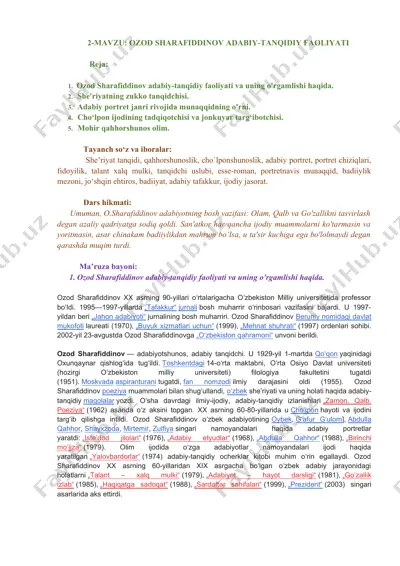 ozod sharafiddinov adabiy-tanqidiy faoliyati — DOCX