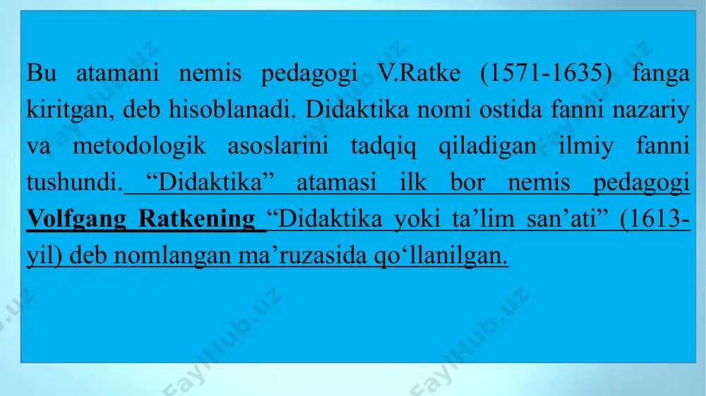 bo‘lmagan bola ongida vositachilik qiladi. o‘qituvchining faoliyati tufayli ta‘lim puxta o‘ylab chiqilgan maqsad, mazmun va dasturlar asosida olib boriladigan jarayonga aylanib, kutilgan natijalarni beradi.ta’lim jarayonida o‘qituvchi va o‘quvchi o‘rtasida o‘zaro muloqat yuzaga keladi. zamonaviy ta’lim paradigmalari paradigma-(yunoncha, “paradeigma”-misol, namuna) so‘zining o‘zi keng ma’noda turmush va fikrlashining biror sohasining fundamental asoslarini aniqlab beruvchi o‘ziga xos tuzilishga ega nazariya deb izohlanadi. paradigma-aniq vaqt doirasida ilmiy jamoatchilikka muammolarni aniqlash va ularni hal etish modeli sifatida taqdim etiladigan barcha ilmiy yutuqlarga tegishli tadqiqot vazifalarini hal etish namunasi sifatida qabul qilingan nazariya. ta’limning keng tarqalgan 5 paradigmasi mavjud: an’anaviy(bilimga yo‘naltirilgan paradigma); fenomenologik(insonparvarlik paradigmasi); ratsionalistik (bixevioristik, xulq- atvorga doir); texnokratik; ezoterik. an’anaviy (bilimga yo‘naltirilgan) paradigma. bilimga yo‘naltirilgan paradigmada ta’limning bosh maqsadi: «istalgan qiymatdagi bilim, bilim va yana bilimdir» bixevioristik (ratsionalistik) paradigma. ratsionalistik paradigma an’anaviy paradigmaga qarama-qarshi o‘laroq, o‘zining diqqat markazida mazmunni emas, o‘quvchilarning turli turdagi bilimlarni o‘zlashtirishining samarali usullarini qo‘yadi. ilmiy-texnik, texnokratik paradigmaning bosh maqsadi amaliy …