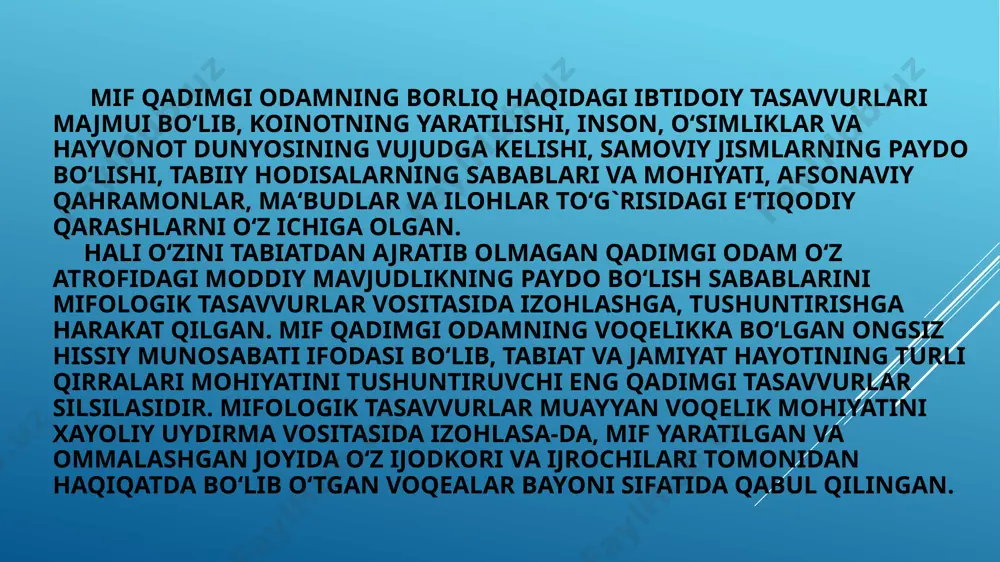 ishontirish maqsadida aytiladi. shuning uchun uning bayon qilinishida aytuvchining pafosi muhim ahamiyat kasb etadi. epik tafakkurning tadrijiy taraqqiyoti nuqtai nazaridan qaraganda, folklordagi barcha janrlardan oldin, ayniqsa, afsonalardan oldingi stadial bosqich sifatida shakllanganligi ta‘kidlanadi. o‘zbek miflari syujet tarkibini turkiy va boshqa xalqlar mifologiyasi bilan bog`liq ko‘plab qadimiy motivlar tashkil etadi. miflarda yaxshilik va yomonlik, go’zallik va xudbinlik, yorug’lik va zulmat orasidagi kurash jarayoni tasvirlanadi. komil insonlar hamisha yaxshilik, go’zallik, yorug’likning tantana qilishi ko’maklashadi. aniqroq aytilganda, miflarni o’qigan o’quvchi ijobiy qahramonlarning tarafdoriga aylanadi. “avesto” da yaxshilik – axura mazda, yomonlik – axriman qiyofasida namoyon bo’ladi. kitob g’oyasiga ko’ra barcha hodisalar (tabiat va jamiyatdagi) ana shu ikki yaratuvchining o’zaro kurashidan kelib chiqadi. mitra – quyosh va yorug’lik xudosi, noxit – obodonlik, farovonlik xudosi, xumo – baxt, tole xudosi va boshqa yaxshilik tantanasiga ko’maklashadi. yomonlik kuchlari: ajdar, dev, jin, yalmog’iz va boshqa mifologik obrazlarda tasvirlangan ajdodlarimizning bosqinchilarga qarshi kurashi afsona va dostonlarni, tabiat kuchlari …
