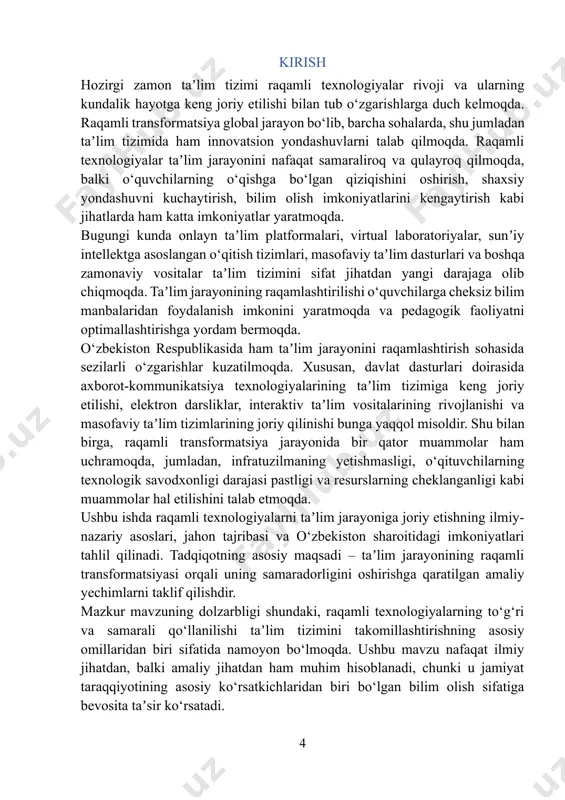 larga jahon bo‘ylab kirish imkoniyatini yaratishda qo‘llaniladi. 5. sun'iy intellekt (ai): sun'iy intellekt – mashinaga o‘rganish, qaror qabul qilish va muammolarni hal qilish imkoniyatini beradigan texnologiya. ai yordamida ta’lim jarayonini shaxsiylashtirish, o‘quvchilarning individual ehtiyojlariga qarab resurslar yaratish va o‘quv natijalarini prognoz qilish mumkin. 6. virtual va kengaytirilgan reallik (vr/ar): virtual reallik (vr) va kengaytirilgan reallik (ar) texnologiyalari ta’limda amaliy mashg‘ulotlarni jonlantirish, o‘quvchilarni real muhitga o‘xshash virtual sharoitda o‘rgatish imkonini beradi. masalan, tibbiyot yoki muhandislik kabi sohalarda o‘quvchilar amaliy ko‘nikmalarni virtual muhitda rivojlantirishlari mumkin. 7. it (internet of things): internetga ulangan qurilmalar orqali real vaqt rejimida ma’lumot to‘plash va uni tahlil qilish texnologiyasidir. ta'limda iot texnologiyalari, masalan, aqlli sinfxonalar yaratishda qo‘llanilib, o‘quv jarayonini samarali tashkil etishga yordam beradi. raqamli texnologiyalar ta’lim jarayonini sezilarli darajada o‘zgartirdi. ularning qo‘llanilishi o‘quvchilarning o‘qish va o‘rganish jarayonlarini qiziqarli, interaktiv va shaxsiylashtirilgan qilishga yordam beradi. masofaviy ta’lim tizimlari, elektron darsliklar, video materiallar va simulyatsiyalar o‘quvchilarga yanada samarali …