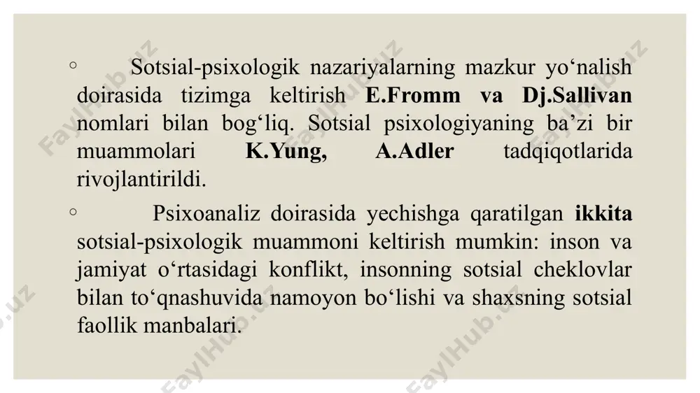 i mumkinligi masalalarini eksperimental yoʻl bilan tadqiq qiladi. sotsiometriyaga amerikalik sotsiolog yakob levi moreno (1892-1974) asos solgan. uning metodiga koʻra, muayyan guruhdagi har xil xususiyatli shaxslarning o‘zaro munosabatlarini aniqlash uchun qaysi faoliyatda kim bilan birga qatnashishi soʻraladi. olingan maʼlumotlar matritsa, grafik, sxema, jadval shaklida ifodalanadi. ulardagi miqdor ko‘rsatkichlari guruhdagi kishilarning shaxslararo munosabatlari toʻgʻrisida tasavvur hosil qiladi. bu maʼlumotlar guruhiy munosabatlarning tashqi koʻrinishini aks ettiradi, xolos. sotsial psixologiyada transakt tahlil transakt analiz ikki tilidan olingan bo‘lib, lotincha «transactio» – kelishuv va grekcha «analysis» – tahlil degan ma’nolarni anglatadi. uning asoschisi amerikalik psixolog va psixiatr erik lennard bern hisoblanadi. e.bеrn ildizi psixoanalizga taqaluvchi taniqli kontsеptsiyani yaratdi. biroq e.bеrn kontsеptsiyasi shaxsning o‘zi va boshqalar bilan munosabatini dasturlovchi xulq-atvor kognitiv sxеmalarini aniqlash va bеlgilashga urg‘u qiluvchi ham psixodinamik, ham bixеviorial yondashuvlar, g‘oyalar va tushunchalarni o‘zida mujassam etgan. zamonaviy transakt tahlil – shaxs nazariyasini, kommunikatsiyalar nazariyasini, bolalar rivojlanish nazariyasini o‘z ichiga oladi. amaliyotda u alohida …