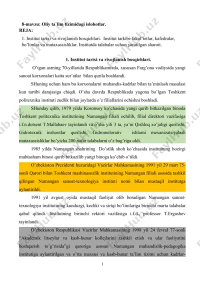 oliy ta'lim tizimidagi islohotlar — DOCX