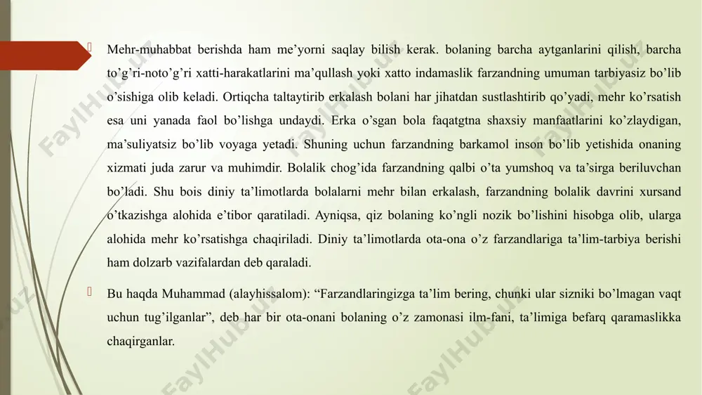 oilada sog’lom muhitning saqlanishi ko’p omillarga bog’liq. masalan, oila boshliqlarning o’zaro yaxshi munosabati, xonadon qariyalariga hurmat, e’tibor oiladagi bolalarning o’zaro munosabatlari to’g’ri tarbiyalangani, ota-onaning bolalar tarbiyasiga barobar jonkuyarligi, oilada o’rnatilgan to’g’ri munosabatda bo’lish kabilar shular jumlasidandir. bularning qay birida mutanosiblik buzilsa demak, o’sha oiladagi sog’lom muhitga putur yetadi. bola tarbiyasida ota-onaning bir-biriga munosabati o’zlarini tuta bilishlari muhimdir. oilada muomalaning barcha qoidalariga amal qilinishi lozim. kattalarga hurmat, kichiklarni avaylash, bir-biriga mehribonlik, ayniqsa, ayollarni izzat qilish odatga, qoidaga aylanib borishi kerak. bolalarga onani hurmat qilishni, unga mehribon bo’lishni o’rgatish otaning muhim vazifasi. odatda o’g’il bola otasiga, qizlar esa onasiga o’xshashga, ulardagi yaxshi xislatlarni o’ziga singdirishga harakat qiladi. ota ham, bolani tarbiyalashga o’z hissalarini qo’shadilar. ona g’amxo’r, mehribln ko’ngilchan uy bekasi bo’lsa, ota kuch-qudrat, jasurlik, qattiqqo’lik va adolat ramzi. ota ko’proq bolaning aqliy va jismoniy rivojlanishi uchun qayg’ursa, ona yurish-turish, muomala, xis-tuyg’u nafosat uchun tashvishlanadi. bularning hammasi nisbiy bo’lib, ota ham, ona ham …