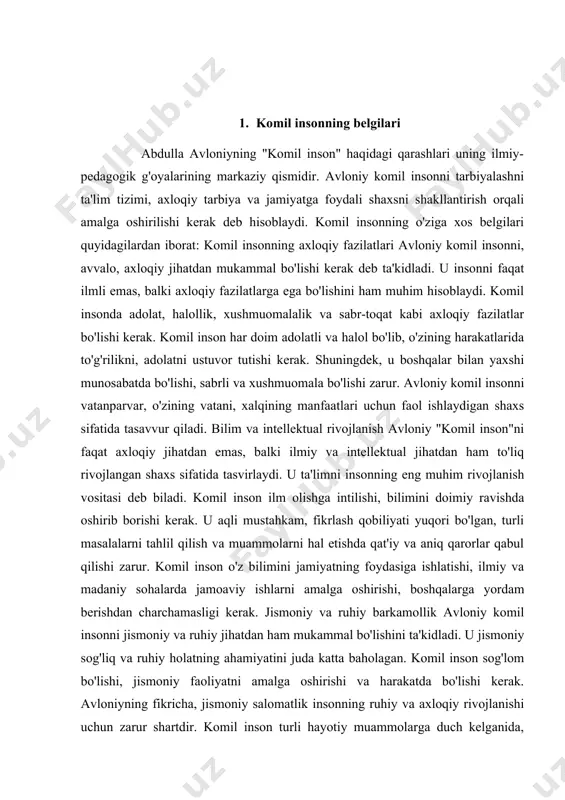 ta'kidladi va ta'lim tizimi orqali insonni jamiyatga foydali, axloqan pok va jismonan sog'lom shaxs sifatida tarbiyalashni ko'zlagan. avloniyning ta'limga oid qarashlari quyidagi asosiy jihatlarni o'z ichiga oladi: ta'lim va axloqiy tarbiya avloniy ta'limni nafaqat ilm berish jarayoni deb, balki axloqiy tarbiya sifatida ko'radi. u komil insonni tarbiyalashda ilmni, axloqni va ma'naviyatni birlashtirishni muhim deb hisoblagan. ta'lim orqali insonni faqat bilim bilan qurollantirish kifoya emas, balki uning axloqiy fazilatlarini ham shakllantirish kerak. avloniy, axloqni birinchi o'rinda tutib, komil insonning jamiyatdagi o'rni va mas'uliyatini tushuntiradi. komil inson odob-axloqni, vatanparvarlikni, hurmatni, halollikni o'zida mujassam etgan bo'lishi kerak. ta'limda insoniylik, mehr-oqibat va hamjihatlikka asoslangan qadriyatlarni o'rgatish avloniyning pedagogik yondashuvlaridan biridir. bilim va intellektual rivojlanish avloniy ta'limni komil insonni shakllantirishning asosiy vositasi sifatida ko'rgan. u o'z asarlarida ilmning muhimligini ta'kidlar ekan, ta'lim jarayonida shaxsning bilim olishga bo'lgan ishtiyoqi va intilishi rivojlantirilishini zarur deb hisoblagan. avloniy uchun ta'lim faqatgina nazariy bilimlar o'rgatish emas, balki insonni ma'naviy …